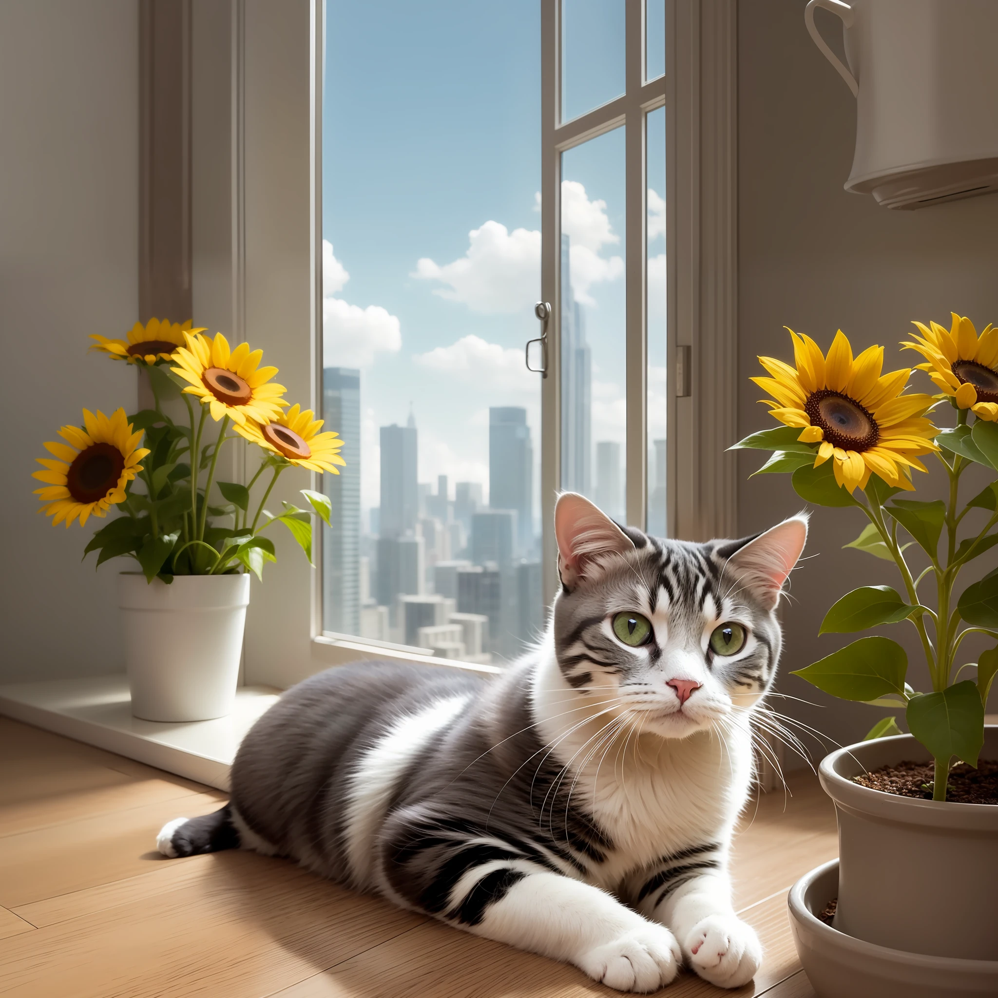Cat lying on the windowsill of a skyscraper, next to a pot with a sunflower and a lollipop. Spectacular views. Digital painting, artstation, concept art, soft focus, sharp, illustration.