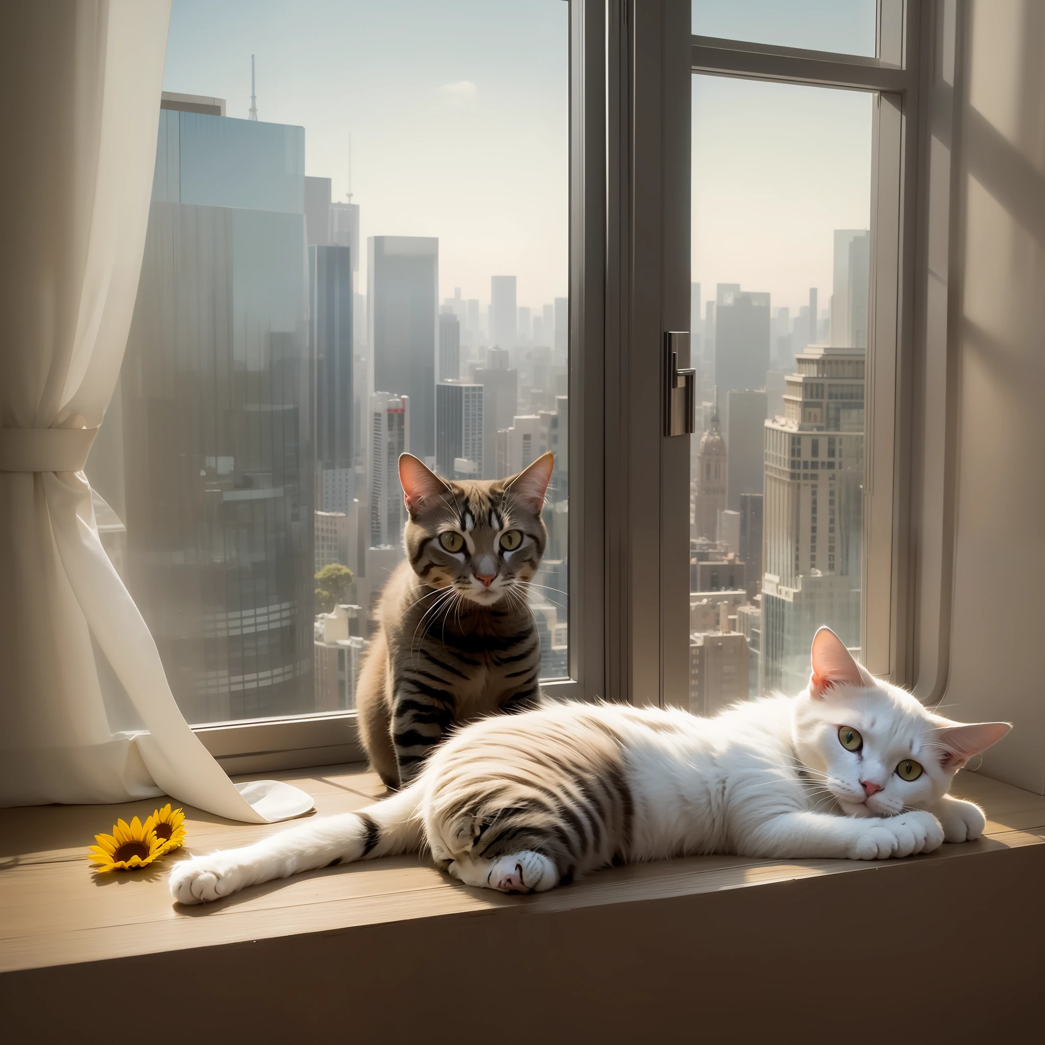 Cat lying on the windowsill of a skyscraper, next to a pot with a sunflower and a lollipop. Spectacular views. Digital painting, artstation, concept art, soft focus, sharp, illustration.
