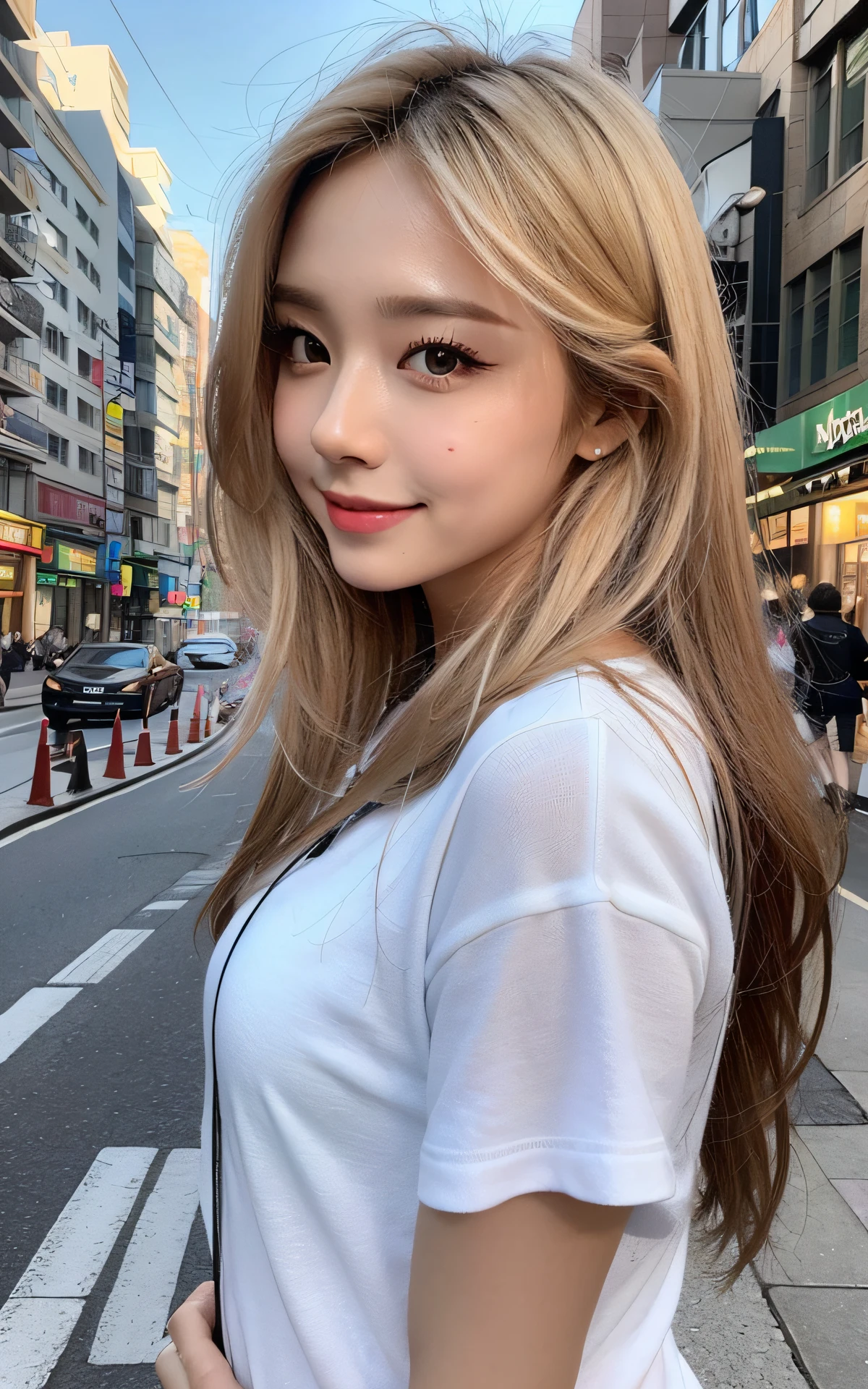 (Original Character、Unity 16K Wallpaper, Masterpiece, Best Quality, Ultra-Detailed, Extremely Detailed CG, Caustics, Cinematic Lighting, Detailed, Beautiful Detailed Eyes, solo), Ultra High Resolution, fine skin, (makeup,eyeliner,eyeshadow:1.1,tanned skin,mascara,curby:1.2,Sunburn), (strong light)、oily skin,sity,smile, busy city, light hair color, casual clothes,vivid, from front、gal