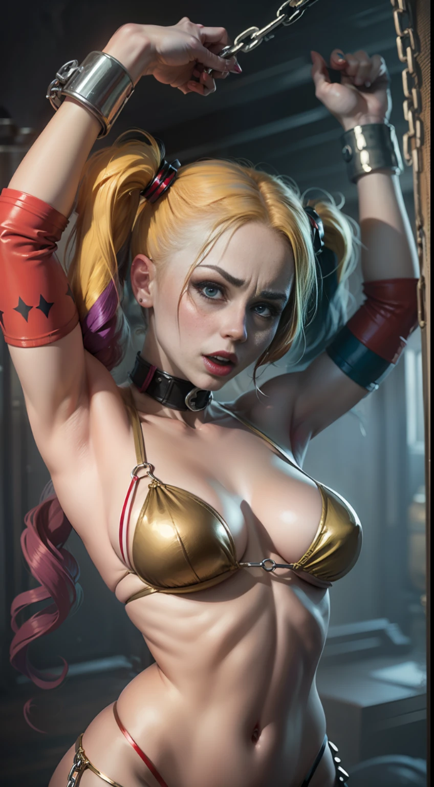(masterpiece, best quality) Harley Quinn, beautiful woman, pigtails, metal bikini, as slave Leia, in chains, expression of pain and pleasure, in Jabba's Palace, vibrant colors