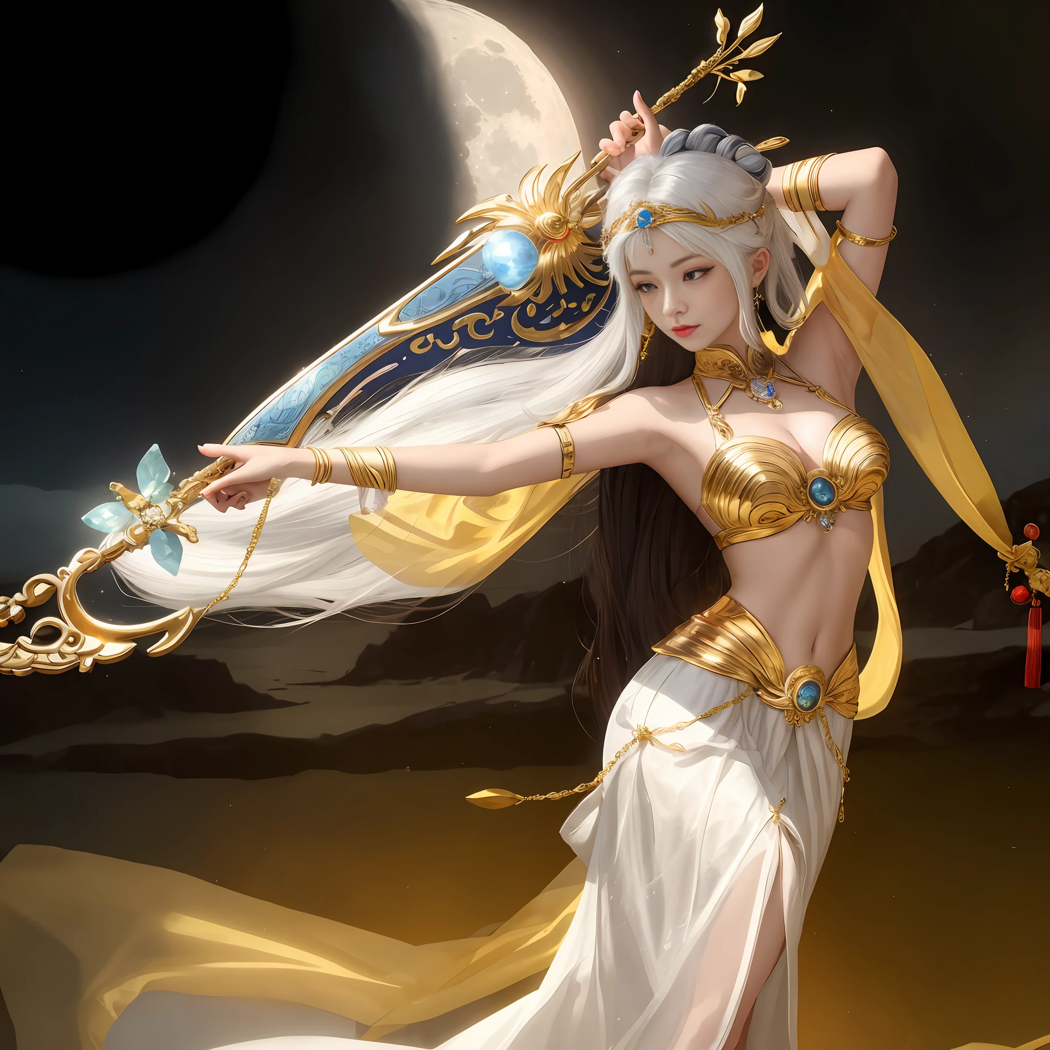 a close up of a woman in a dress holding a golden chinese pipa, goddess. extremely high detail, goddess of the moon, the goddess artemis smirking, goddess of the hunt and the moon, beautiful celestial mage, celestial goddess, lunar goddess, greek goddess athena, moon goddess, anime goddess, a beautiful fantasy empress, also known as artemis the selene, white haired deity,playing chinese pipa,