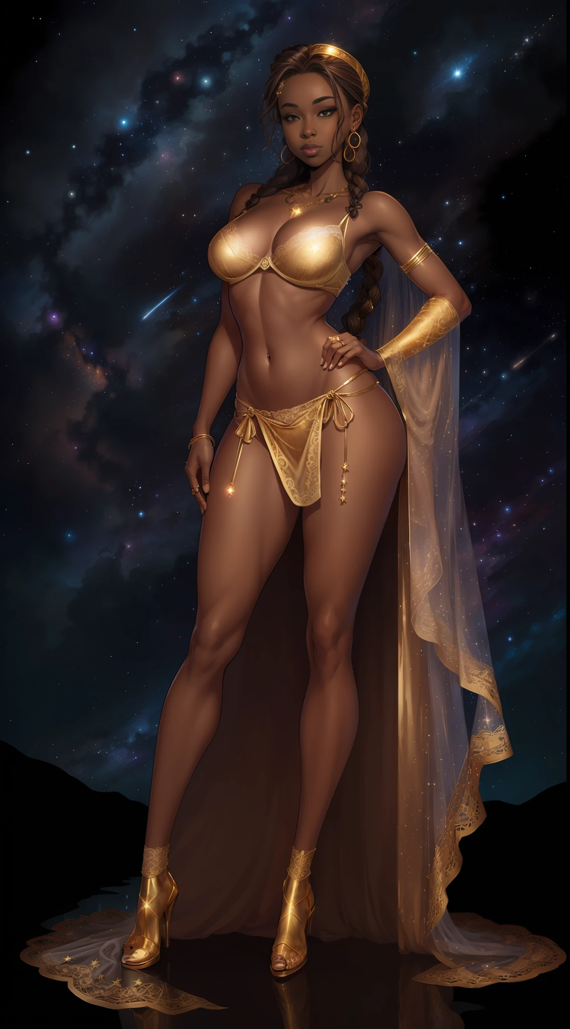 ((full body)), (((head to toe))), 1 female, solo, beautiful blushing slender Goddess of Libra (((with braided hair))), small bust, narrow waist, thin legs, (((against Libra starry sky background))), (((gorgeous gold lace brassiere, loincloth))), peridot necklace, peridot tiara, gold veil, (((American comic style with dark contours))), (((art by J. Scott Campbell)))