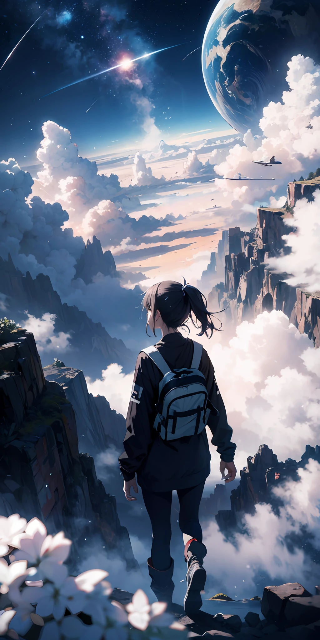 blue sky, sky, above clouds, landscape, high resolution, (masterpiece: 1.4), super detailed, girl in the distance, space, floating, --v 6