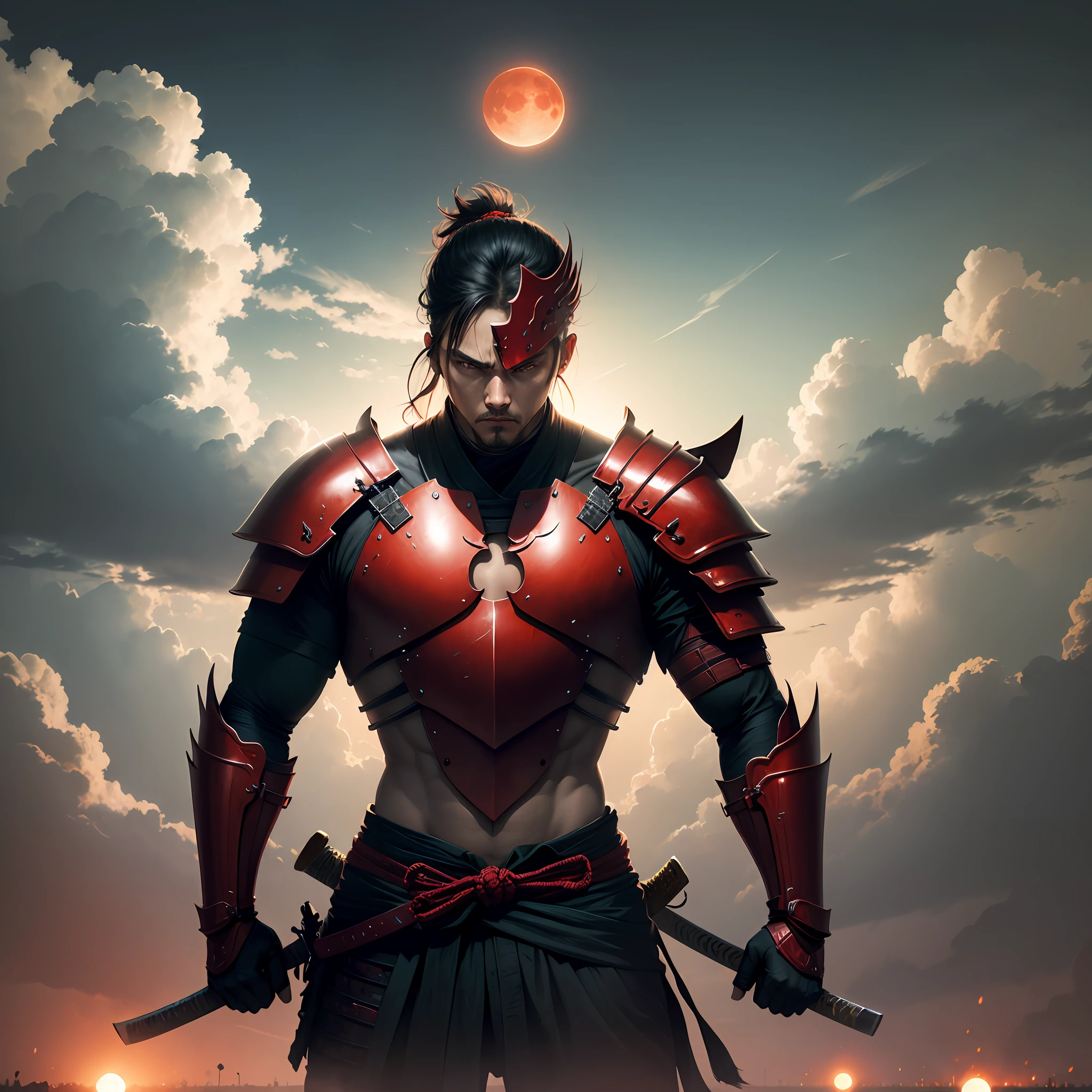 Samurai Boss red armor. 3 katanas, one red light katana. Red moon... dark night, darkness, clouds. Strong wind --auto