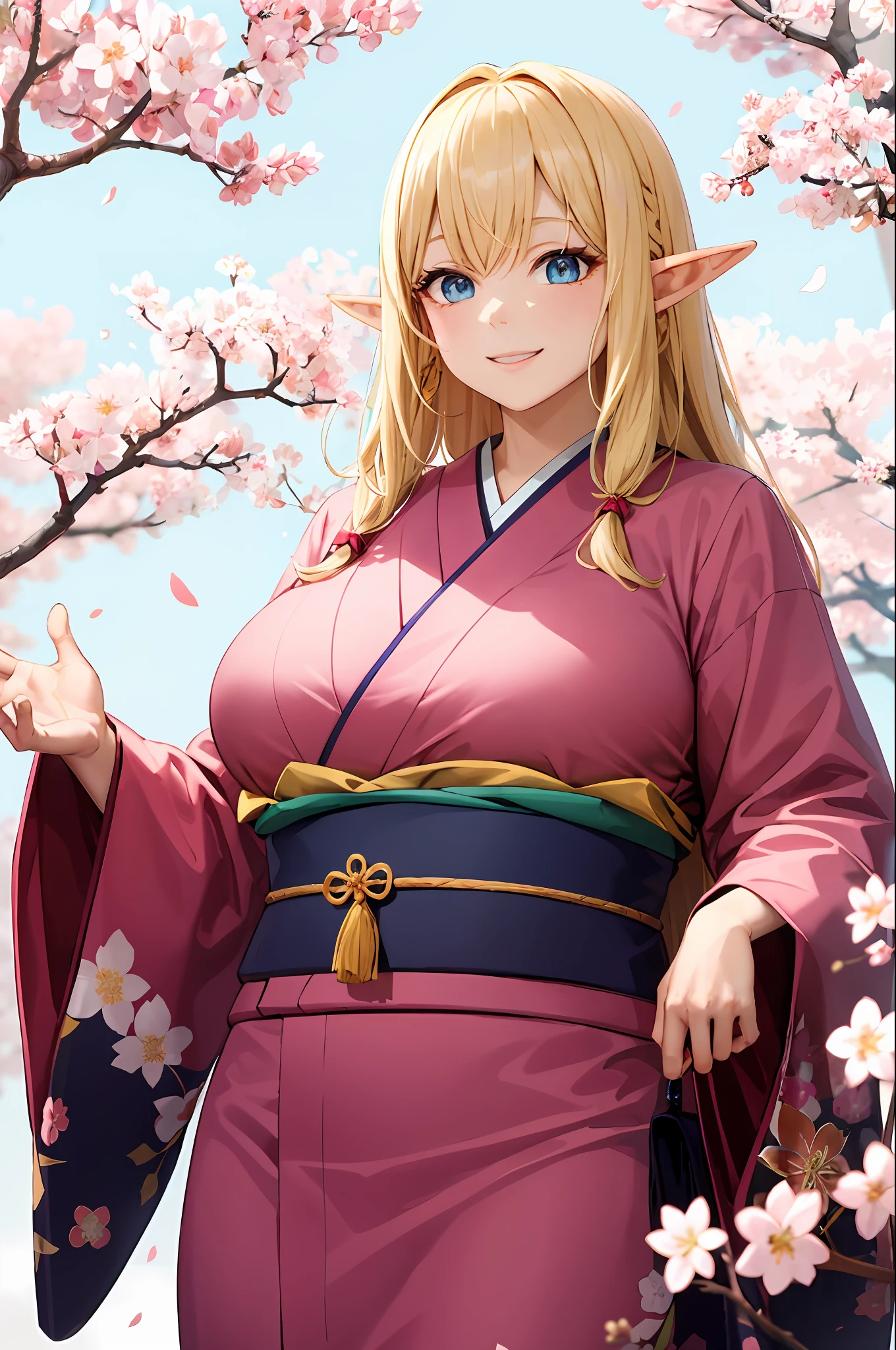 An elf with a large body, long straight yellowish hair, blue eyes, a friendly expression, dressed in a pink kimono, on a cherry blossoms background.