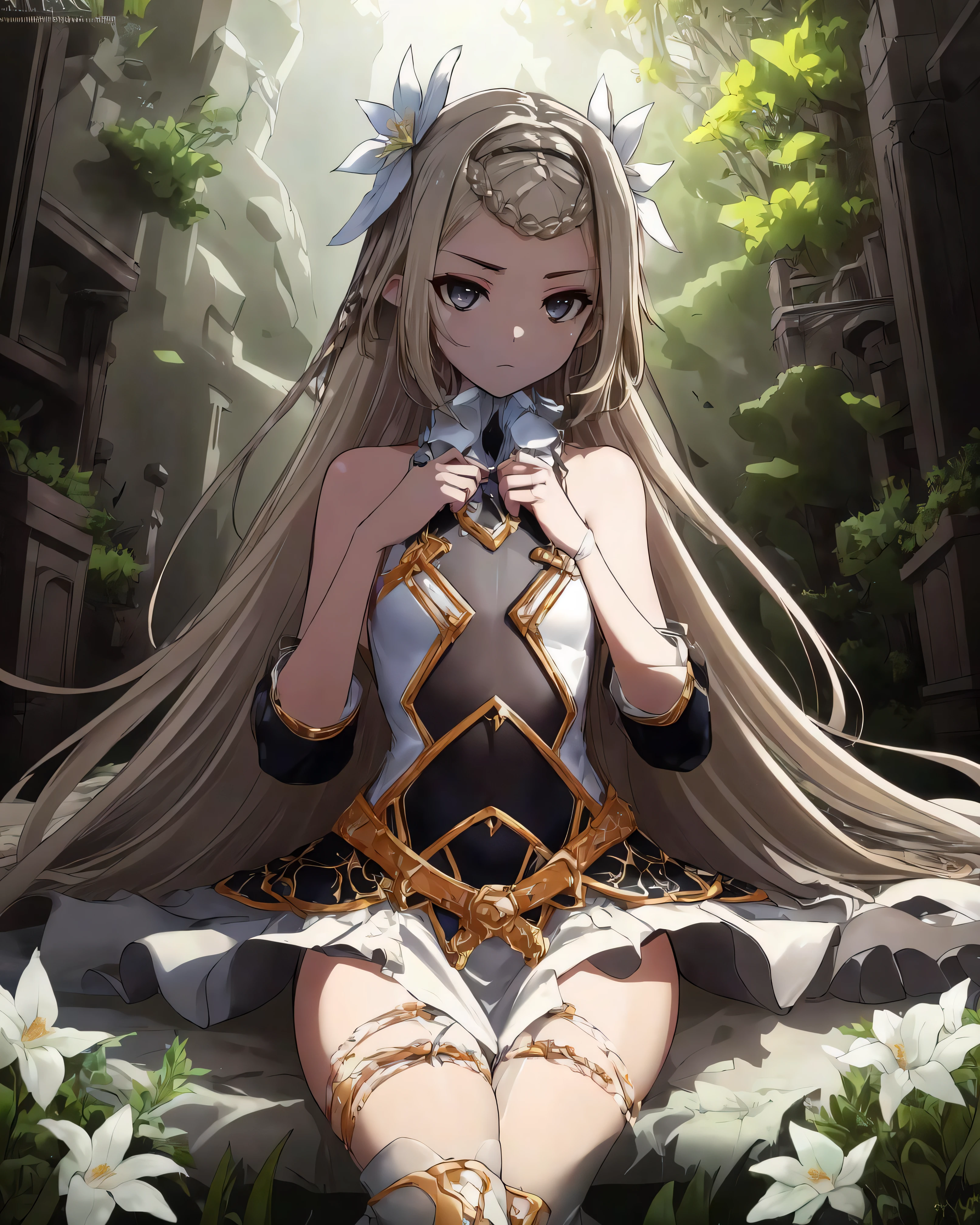 e7 Iseria, gray eyes, flat chest, sitting in a flower field,
(masterpiece), best quality, highres, 4k, 8k, Detailed Illustration, intricate detail, cinematic lighting, amazing quality, 1girl, fit female, amazing shading, soft lighting, facing camera, perfect eyes