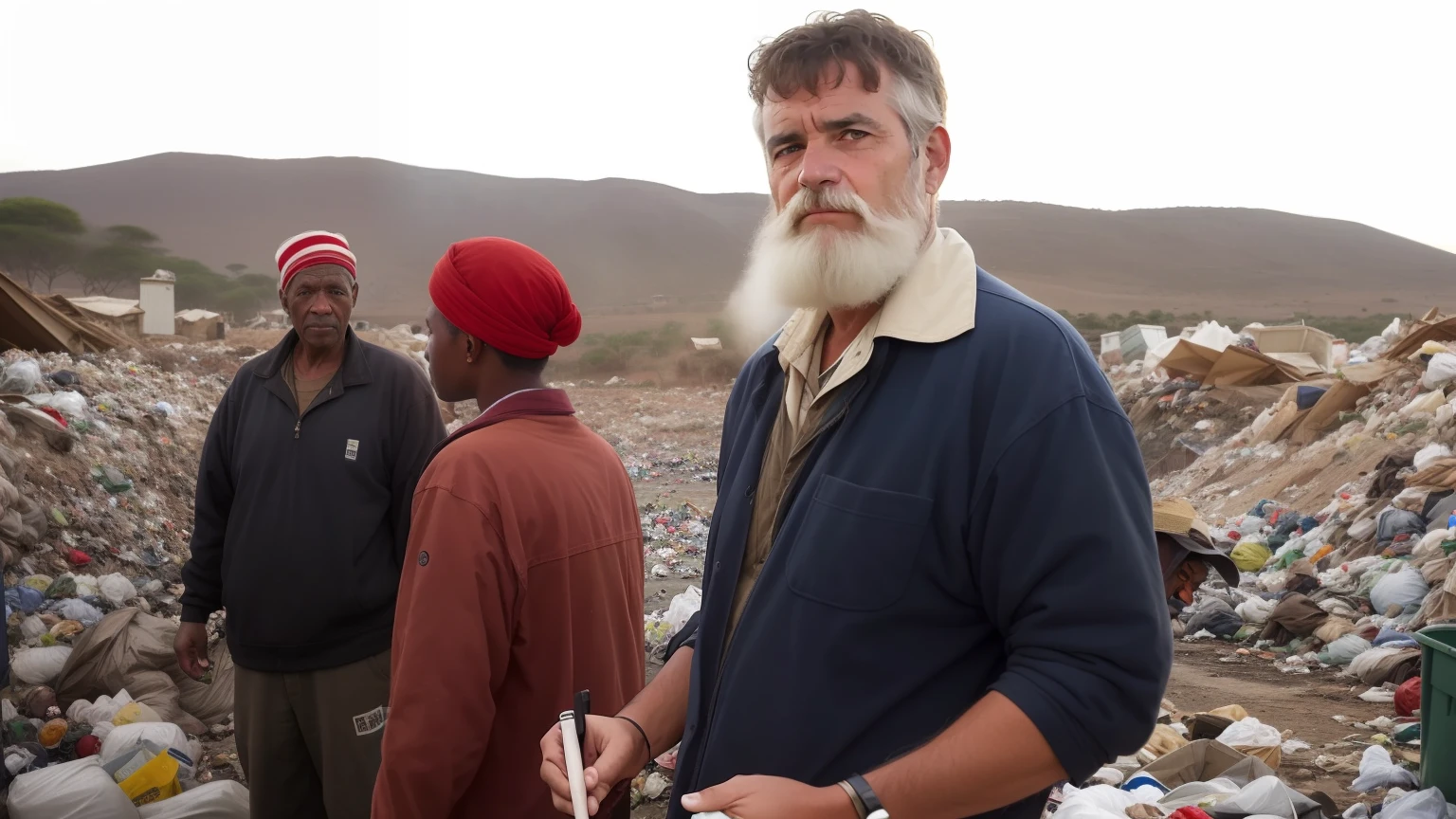 arafed man with a white beard standing in a garbage dump, norm rockwell in africa, by Robert Goodnough, paul robertson, rosen zulu, scott robertson, bram sels, trash, by David Burton-Richardson, by Robert MacBryde, small in size, peter singhof, profile picture, barry qindsor-smith