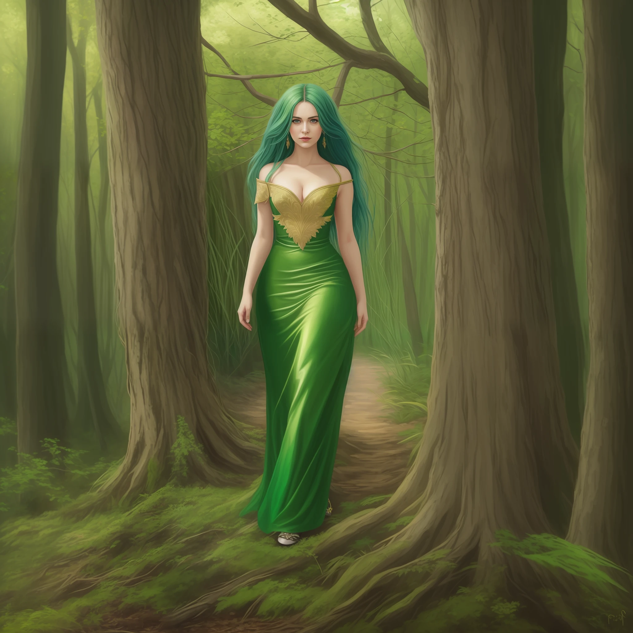a painting of a woman with green hair and a green dress, fey queen of the summer forest, goddess of the forest, portrait of an elf queen, elfic priestess, fae priestess, fantasy characture portrait, goddess of mischief, goddess of nature, elven princess, portrait of a beautiful goddess, queen of the forest, goddess portrait