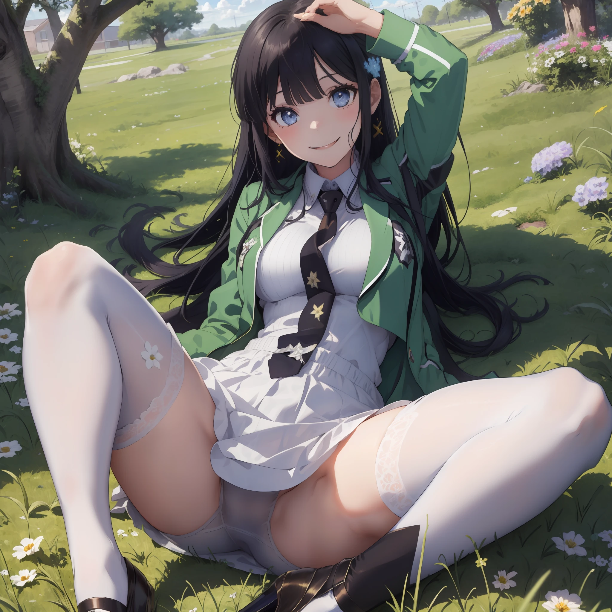 UHD best quality, masterpiece, extremely detailed eyes and face, beautiful detailed eyes, ultra-detailed, anatomically correct, ccurate, textured skin, super detail, high details, award winning, best quality, high quality, 8k,beautiful flowers, meadow, summer, noon, blue sky, cumulus clouds, rustic landscape, large tree, full body, 1girl, ShibaMiyuki, hair ornament, school uniform, black necktie, white dress, green jacket, long sleeves, open jacket, high heels, Very Large Breasts, spread legs, open legs, spread leg, pantyhose, looking at viewer, smiling, seductive smile