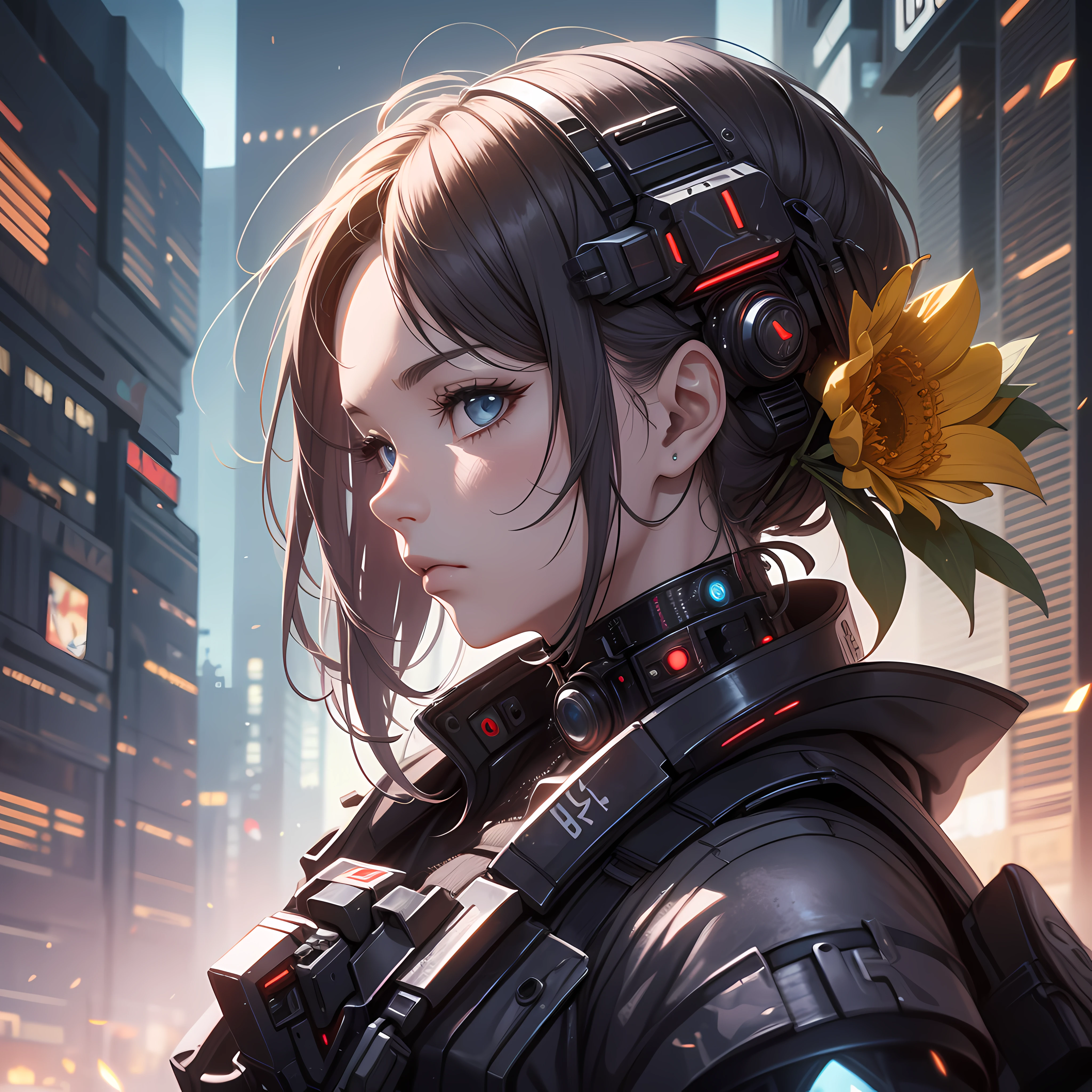 masterpiece, best quality, 12k resolution, a stunning masterful artwork of a cyber punk android holding a flower to the viewer, the atmosphere is sad but hopeful, cinematic lighting