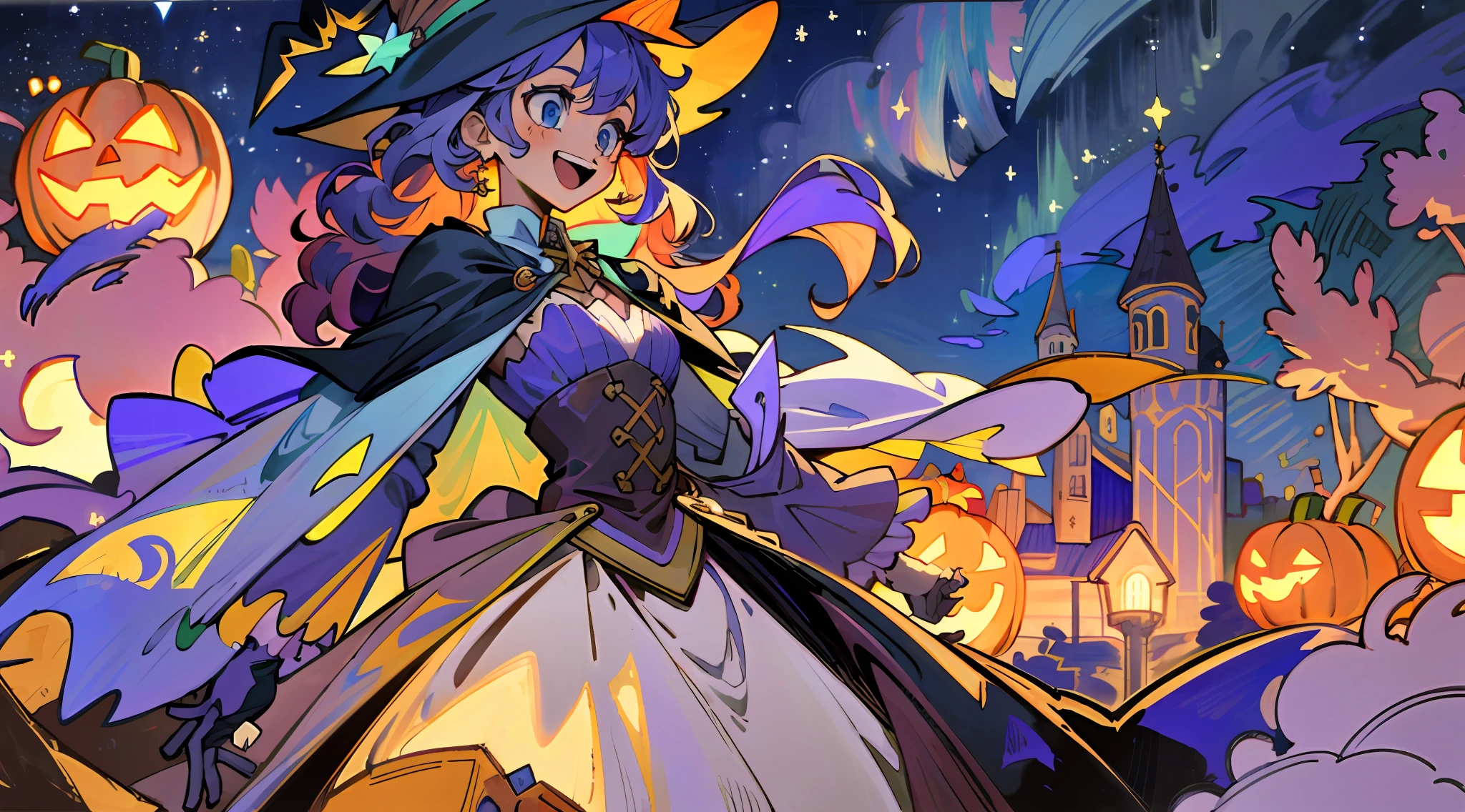 ((masterpiece:1.2, best quality)), 1girl, solo, (witch hat), a close up of a girl with curly hair, dress, aurora, night, star (sky), gloves, sky, dress, night sky, open mouth, starry sky, light blue eyes, ribbons, smile, cape, colorful hair, magic, casting spell, night, (impressionism:1.4), alphonse mucha, Halloween colors, colorful candy, magical lights, pumpkins, candies