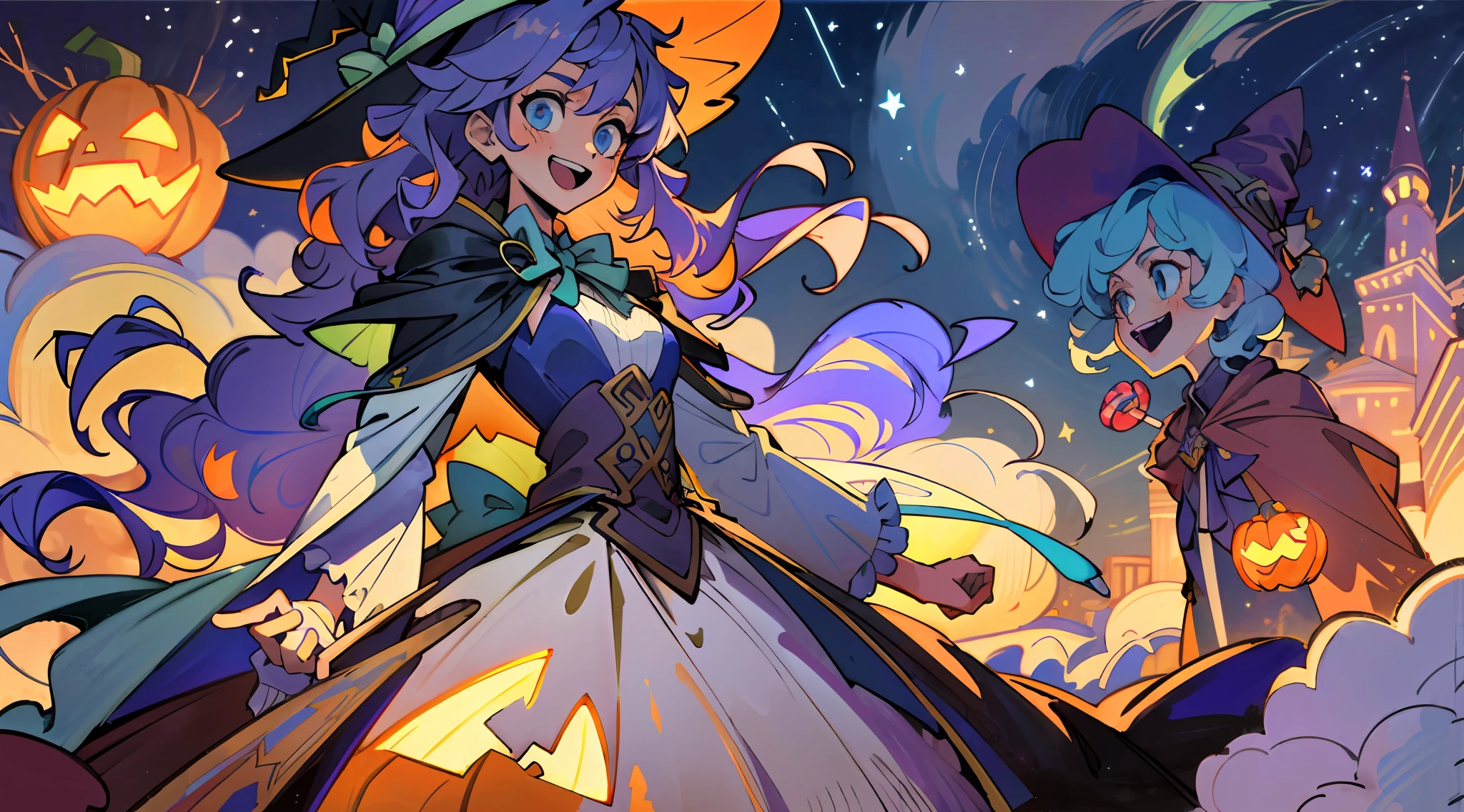 ((masterpiece:1.2, best quality)), 1girl, solo, (witch hat), a close up of a girl with curly hair, dress, aurora, night, star (sky), gloves, sky, dress, night sky, open mouth, starry sky, light blue eyes, ribbons, smile, cape, colorful hair, magic, casting spell, night, (impressionism:1.4), alphonse mucha, Halloween colors, colorful candy, magical lights, pumpkins, candies