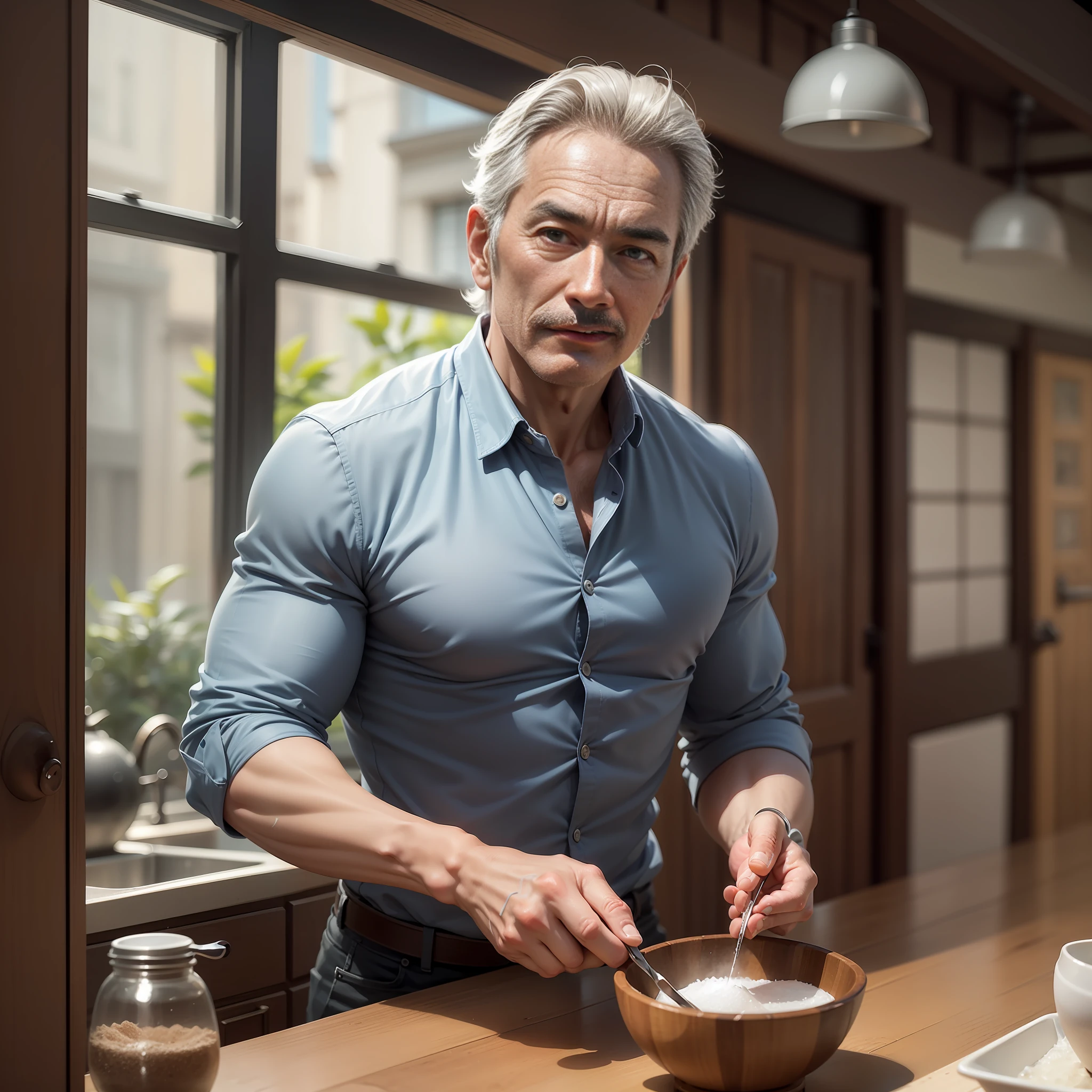 Please define in chinese: A man becomes more charming after 50 years old, if he has a mustache and salt-and-pepper hair, slightly hairy toned chest, wears casually elegant clothes and is comfortable. --auto --s2