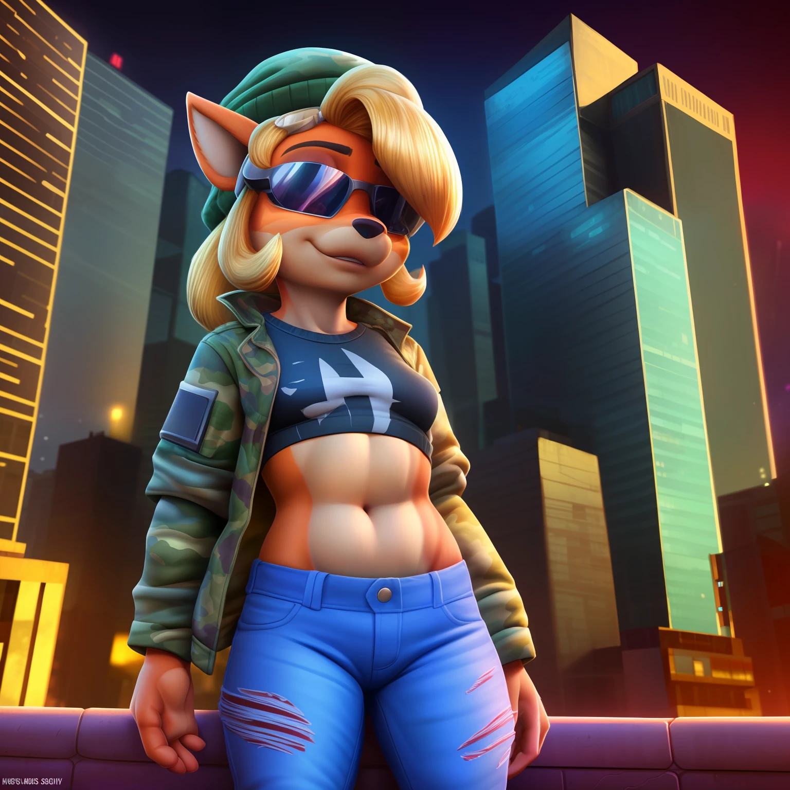 beautiful and detailed picture of coco bandicoot, (best quality, insanely detailed illustration:1.2), masterpiece, (((child, kid, very young:1.4))), prepubescent, adorable, epic realistic, hyperdetailed, intricate details, (hdr:1.25), (intricate details:1.14), (hyperrealistic 3d render:1.16), (filmic:0.55), hyperdetailed background, 1girl, flat chest, no breasts, cyberpunk, big city, sci-fi setting, dust, (skyline, late night, roof, city view), torn jeans, Section 9 camo t-shirt, Beret, cyber enhanced sunglasses, smirk, navel