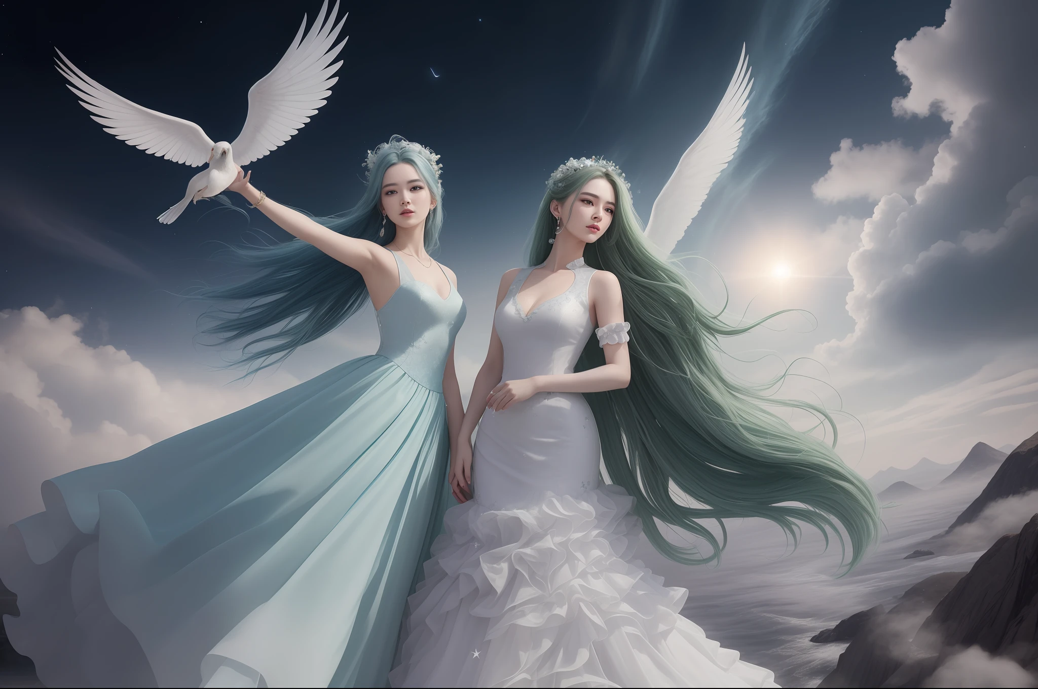 In a captivating image, an elegant green-haired woman dressed in a white Chinese dress glides across the sky alongside another elegant woman with blue hair and blue Chinese dress, As they traverse the skies, her flowing dress and iridescent hair create a mesmerizing vision of harmony and supernatural, ethereal, celestial beauty,  goddesses, heavenly, divine, night sky, stars, 2 women,
HDR, (photorealism, masterpiece quality, best quality), , pureerosface_v1, ulzzang-6500-v1.1,