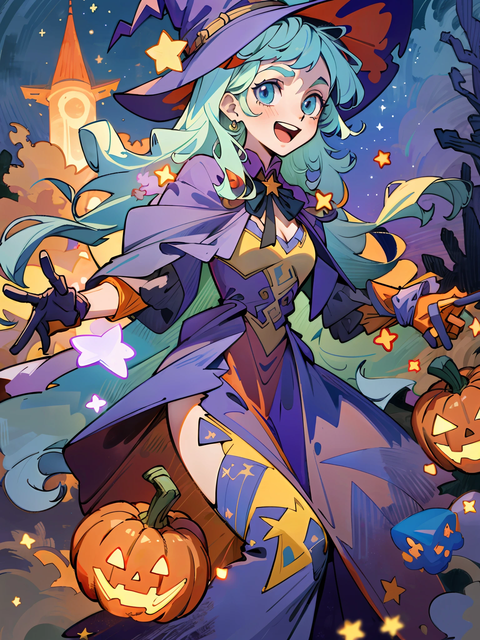 ((masterpiece:1.2, best quality)), 1girl, solo, (witch hat), a close up of a girl with curly hair, dress, aurora, night, star (sky), gloves, sky, dress, night sky, open mouth, starry sky, light blue eyes, ribbons, smile, cape, colorful hair, magic, casting spell, night, (impressionism:1.4), alphonse mucha, Halloween colors, colorful candy, magical lights, pumpkins, candies