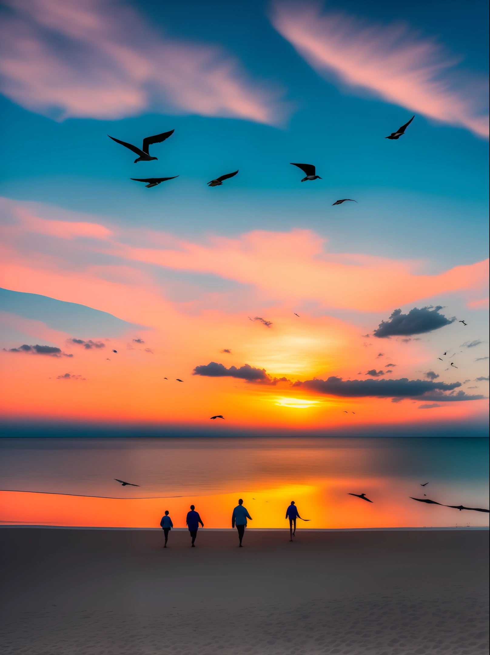 An absolutely mesmerizing sunset on the beach, with orange, pink, white boats and yellow filling the sky. The water is crystal clear, gently kissing the shore, and the white sand beach stretches as far as the eye can see. The scene is dynamic and breathtaking, with seagulls soaring high in the sky and palm trees gently swaying. Immerse yourself in the tranquility and let the tranquility surround you. The family strolls on the sunny beach