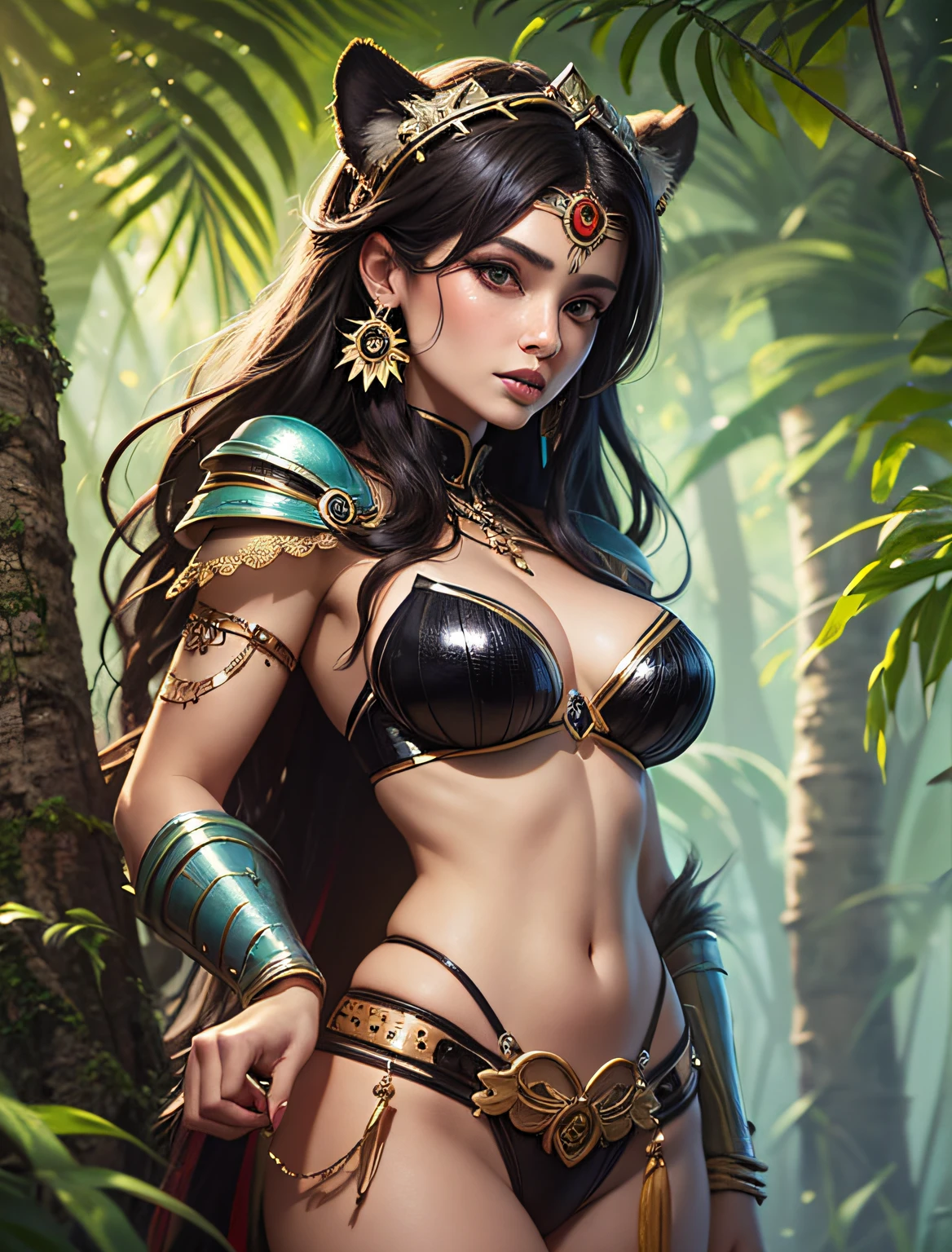 painting of an Amazon woman in anime style with a jaguar on her head, stunning digital illustration, behance fantasy art, full length Aztec princess portrait, Karol Bak UHD, fantasy concept art portrait, fantasy portrait art, 4K detailed painting, Deviantart Artstation CGSCOSIETY, beautiful digital artwork, Alena Aenami and Artgerm, amazona Warrior, Amazonian in jungle