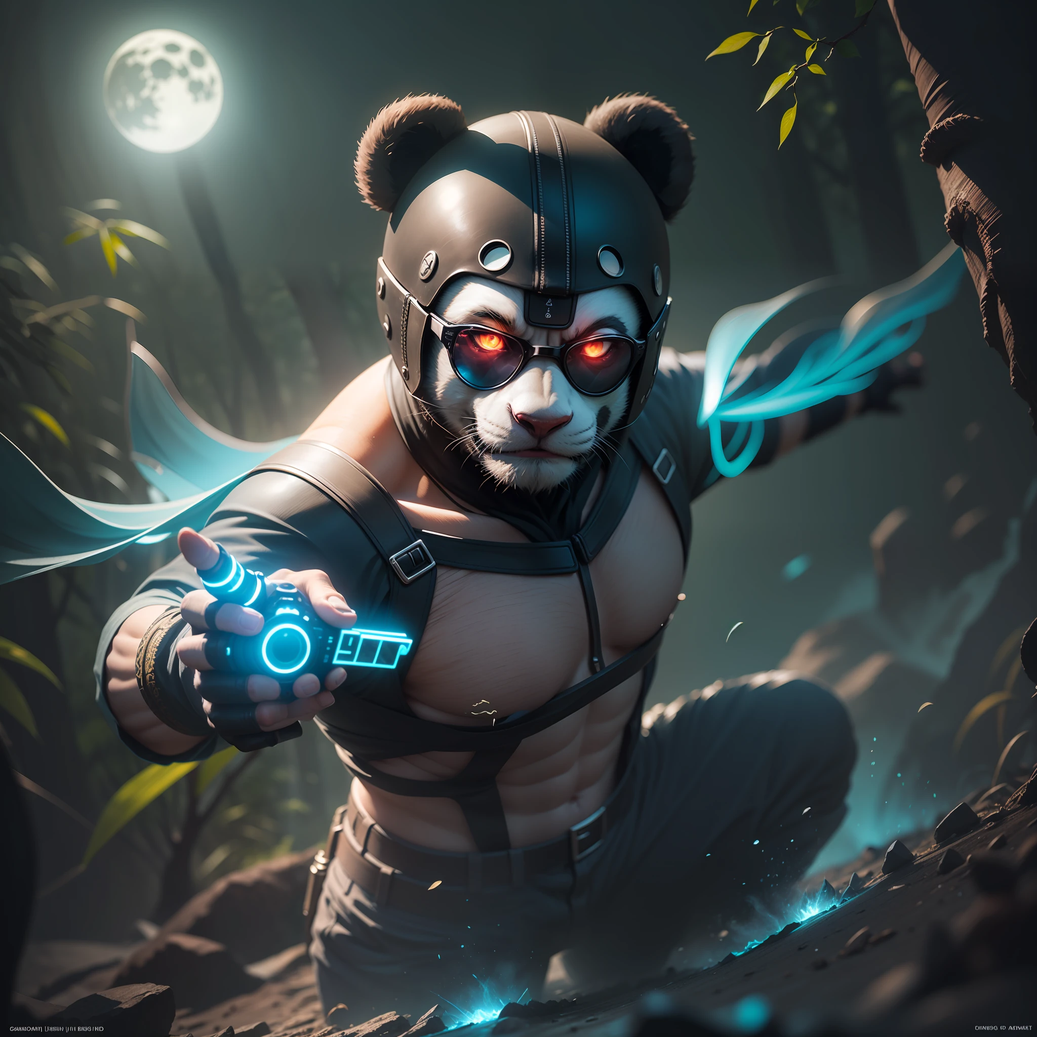 "Panda ninja in sunglasses, 3D, with a bad and dark face, with neon blue rays coming out of his body, in a mysterious setting and at night with the light of the moon, illuminating the forest. with stunning details and realistic effects. The camera is positioned at a dynamic angle, as if it were a film shot, giving a sense of action and suspense."