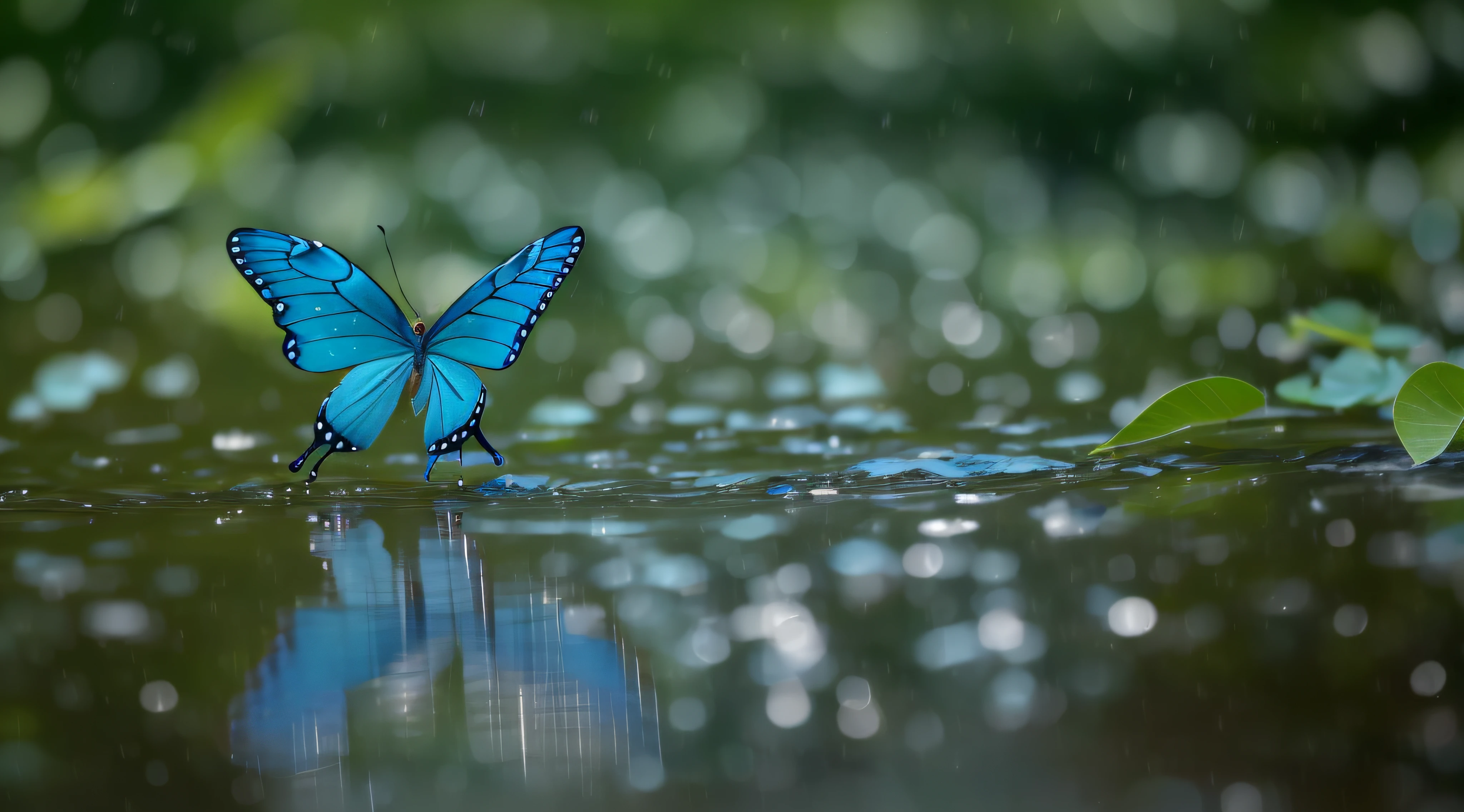 (blue butterfly in the rain), water surface, mirror, reflection, ripple, macro