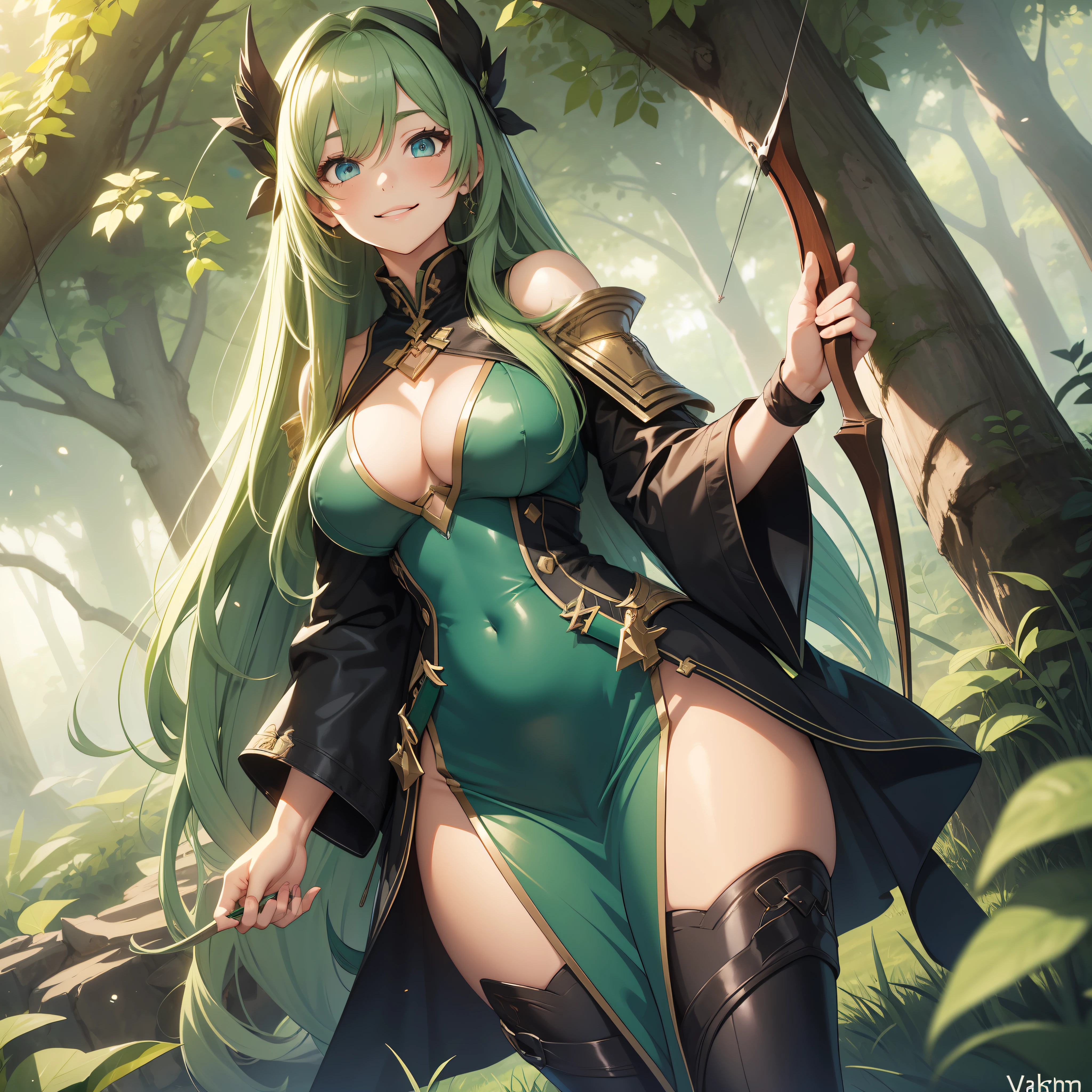 18-year-old girl, long straight green hair, blue eyes, voluptuous figure, dark green adventurer dress, magical crossbow in her hands, elongated green boots, shy smile