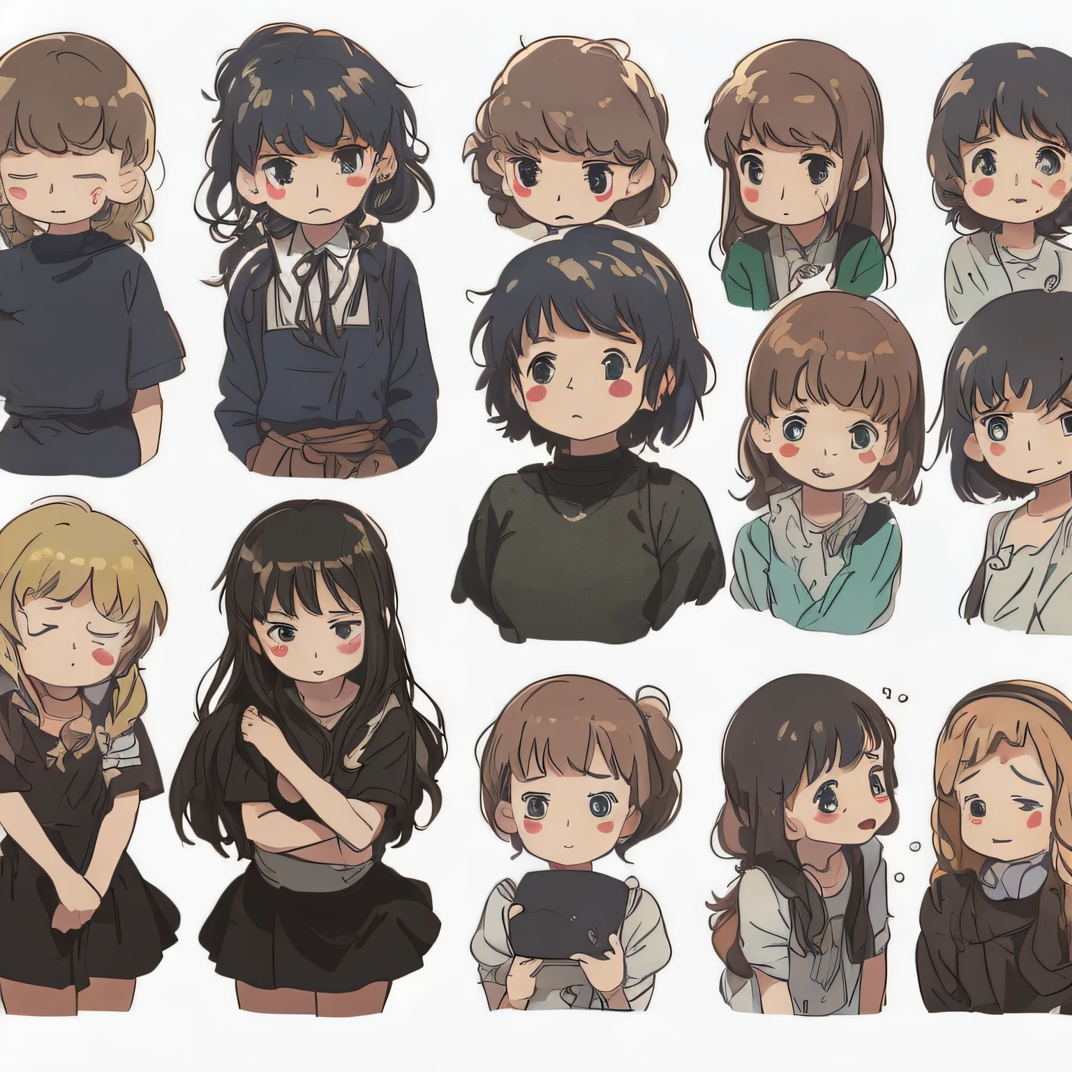 White background, character sheet, Ghibli style, many angles, cute illustrations, lots of fans, lots of girls, basking in the wind, sweat, masterpiece, high quality