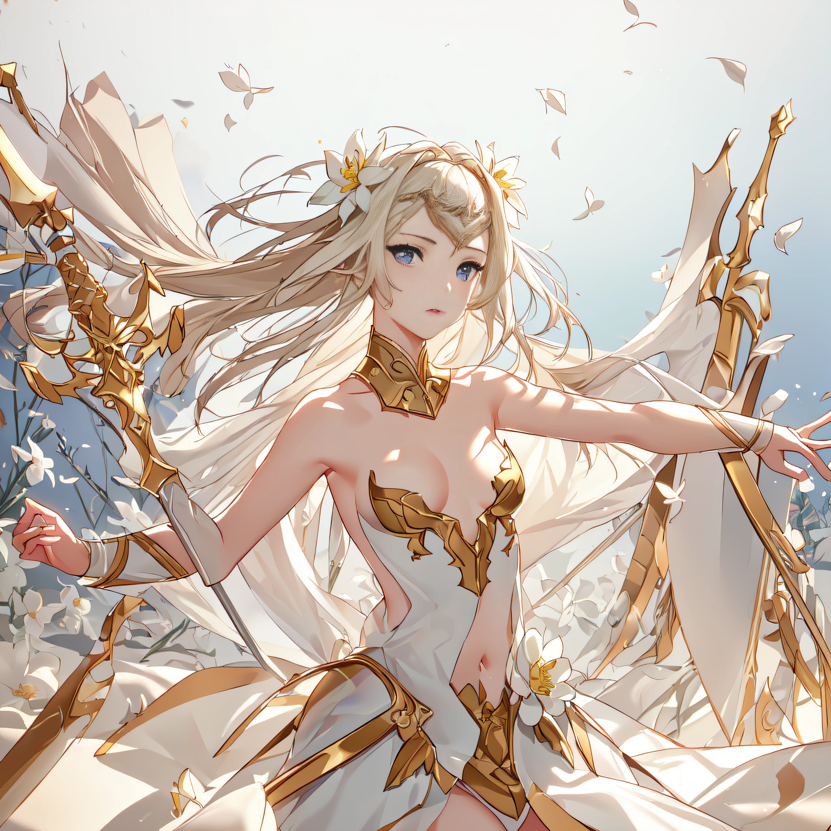 e7 Iseria, bare shoulders,  very small breasts, flat chest, perfect eyes,
(masterpiece),  best quality, highres, 4k, 8k, Detailed Illustration, intricate detail, cinematic lighting, amazing quality, 1girl, fit female, amazing shading, soft lighting, facing camera,
in a flower field dancing with floating swords