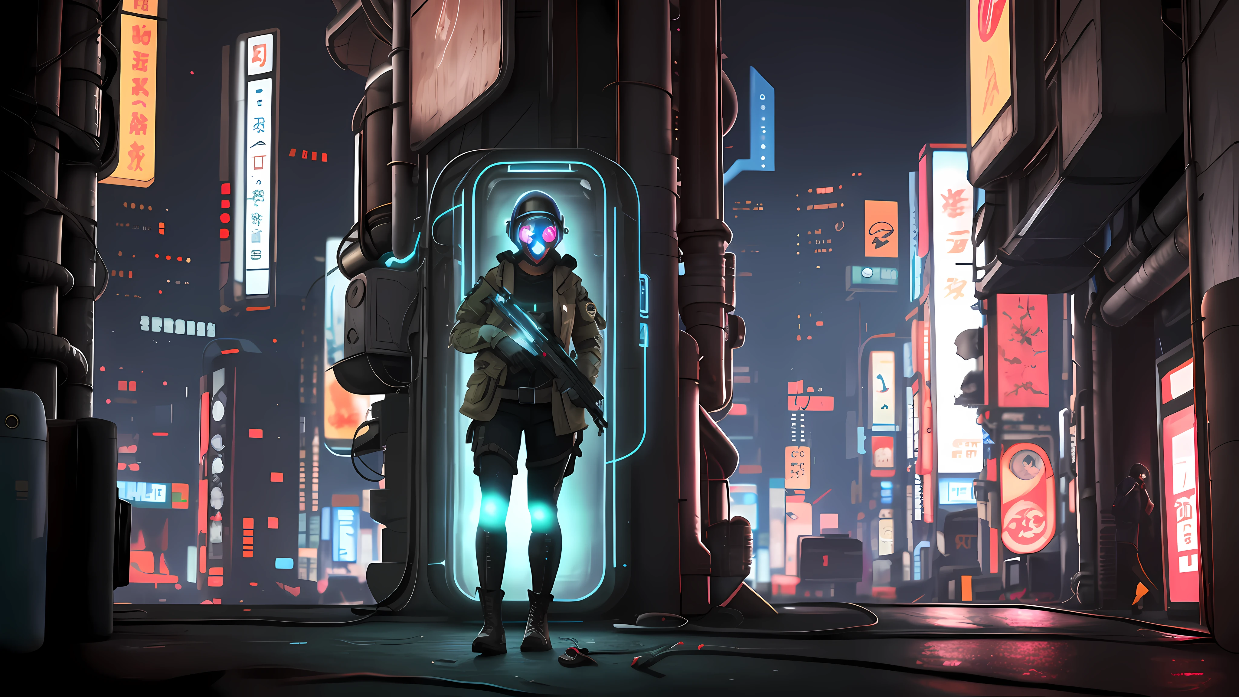 soldier with a gun and a box in a field, sci-fi soldier, stealth suit, dressed in tactical armor, futuristic soldier, from half-life, combine soldier, 1girl, solo, standing, helmet, gloves, looking at viewer, facing viewer, military, science fiction, island, gas mask, wide hips, (glowing blue eyes), holding pistol, standing, combat boots, cyberpunk, holograms, sexy tight clothes, large breasts, blue camo, wearing gas mask, tool belt, belt, backpack, ghost in the shell, chest rig, armband, vest collar, coat, hoodie down, waist coat,