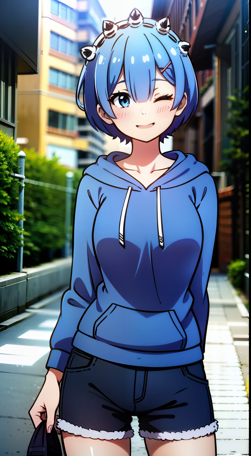 masterpiece, rem rezero, blue hair, both eyes closed happy, blue hoodie, dark shorts, casual oufit, medium breasts, both arms at the sides, legs apart, in the middle of the street,