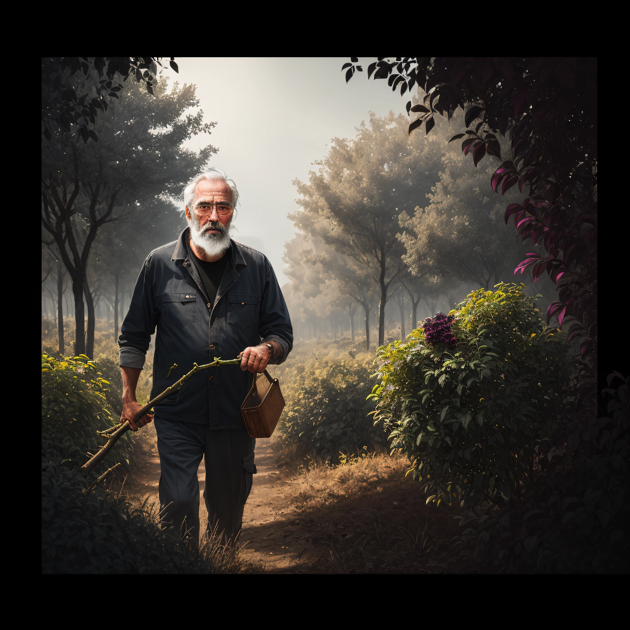 Close-up of an elderly male man with beard and gray hair, carrying a sapling of trees for planting, background with fruit trees, orchard of trees f, day, realistic epic, portrait of, James Gilleard, by Joe Fenton, by Kaethe Butcher, yellow gradient, black, brown and magenta color scheme, grunge aesthetic!! soft cinematic light, adobe lightroom, photo lab, hdr, intricate, highly detailed, (depth of field: 1.4), faded, (neutral colors: 1.2), (hdr: 1.4) , (soft colors:1.2), hyperdetailed, (artstation:1.4), cinematic, warm lights, dramatic light, (intricate details:1.1), complex background, (rutkowski:0.66), (blue and orange:0.4)