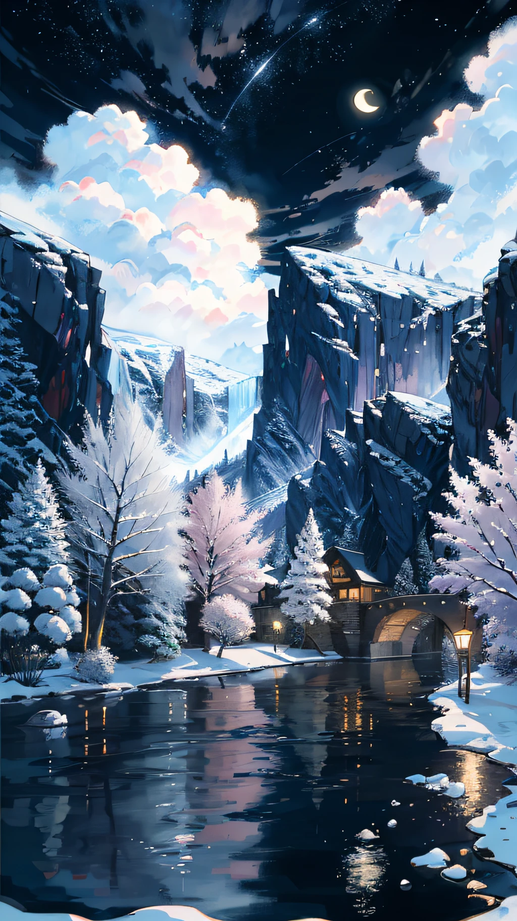 A painting of a river with stars and moon in the sky, concept art inspired by Tosa Mitsuoki, pixiv contest winner, best quality, fantasy art, beautiful anime scene, a bright moon, moonlit starry environment, dream painting, Anime Background Art, Fantasy Landscape Art, Fantasy Night, Anime Background, Background Artwork, Fantastic Art, Atmospheric Anime, Starry Sky, Detail Enhanced.