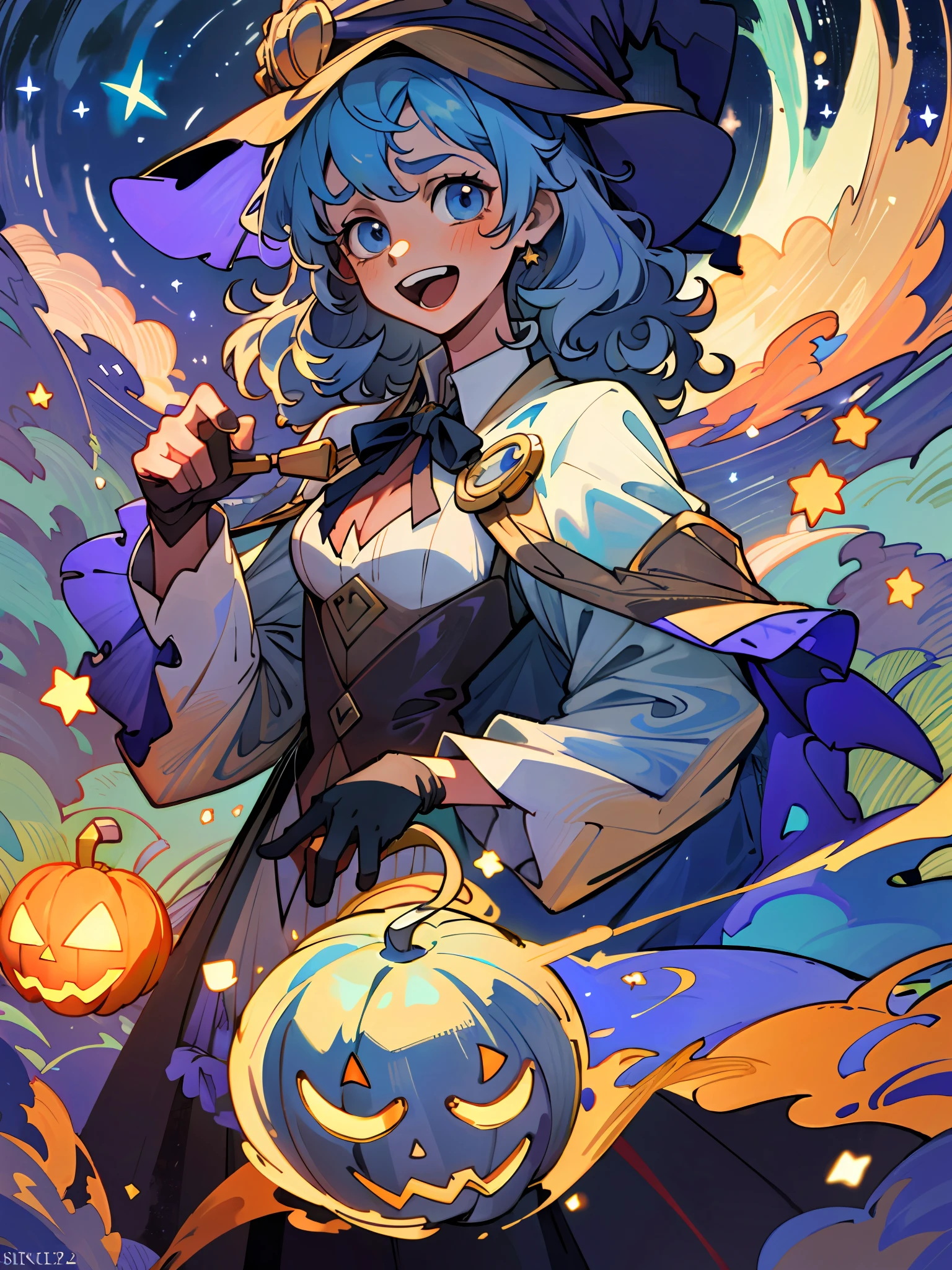 ((masterpiece:1.2, best quality)), 1girl, solo, (witch hat), a close up of a girl with curly hair, dress, aurora, night, star (sky), gloves, sky, dress, night sky, open mouth, starry sky, light blue eyes, ribbons, smile, cape, blue hair, magic, casting spell, night, (impressionism:1.4), alphonse mucha, Halloween colors, colorful candy, casting a spell, magical lights