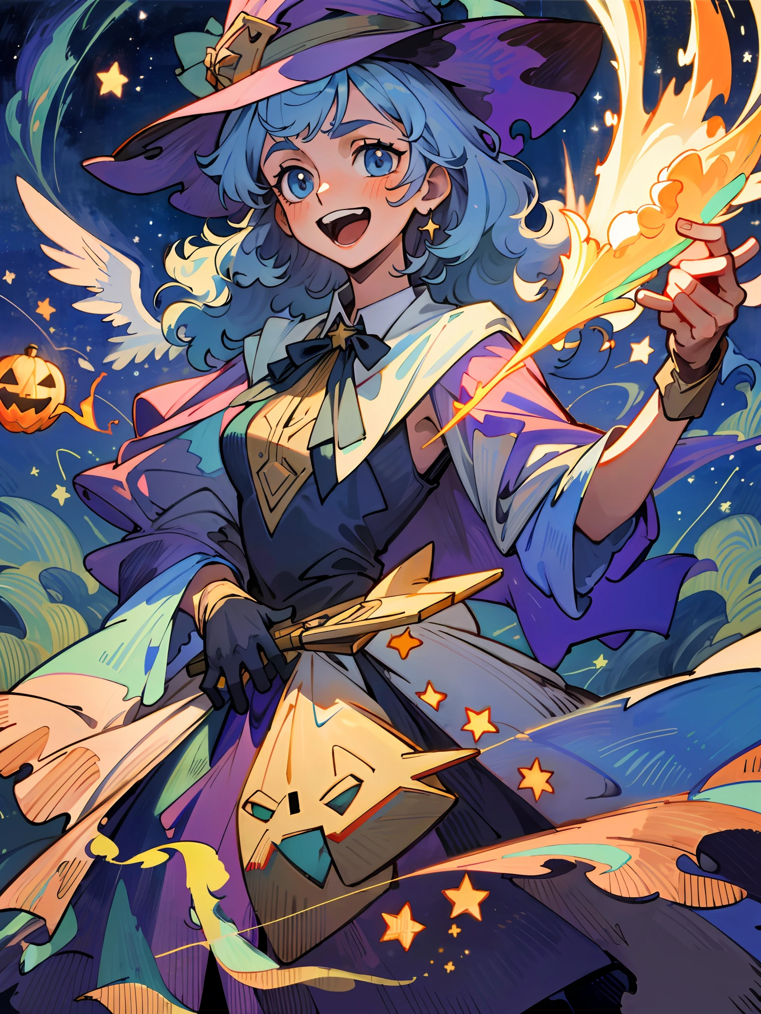 ((masterpiece:1.2, best quality)), 1girl, solo, (witch hat), a close up of a girl with curly hair, dress, aurora, night, star (sky), gloves, sky, dress, night sky, open mouth, starry sky, light blue eyes, ribbons, smile, cape, blue hair, magic, casting spell, night, (impressionism:1.4), alphonse mucha, Halloween colors, colorful candy, casting a spell, magical lights