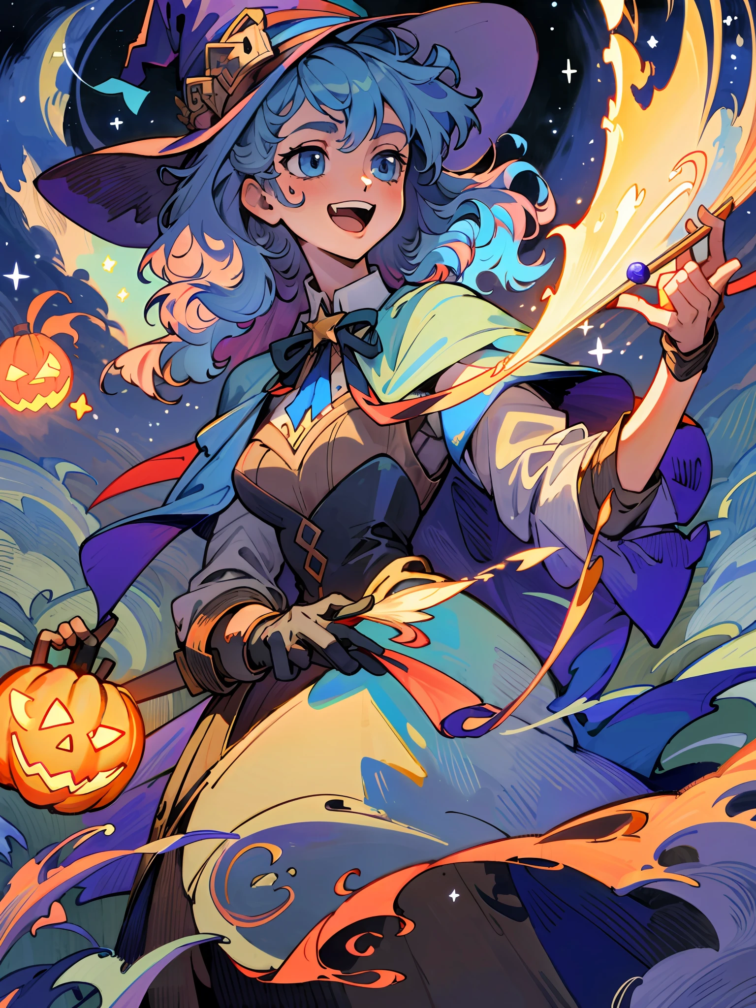 ((masterpiece:1.2, best quality)), 1girl, solo, (witch hat), a close up of a girl with curly hair, dress, aurora, night, star (sky), gloves, sky, dress, night sky, open mouth, starry sky, light blue eyes, ribbons, smile, cape, blue hair, magic, casting spell, night, (impressionism:1.4), alphonse mucha, Halloween colors, colorful candy, casting a spell, magical lights
