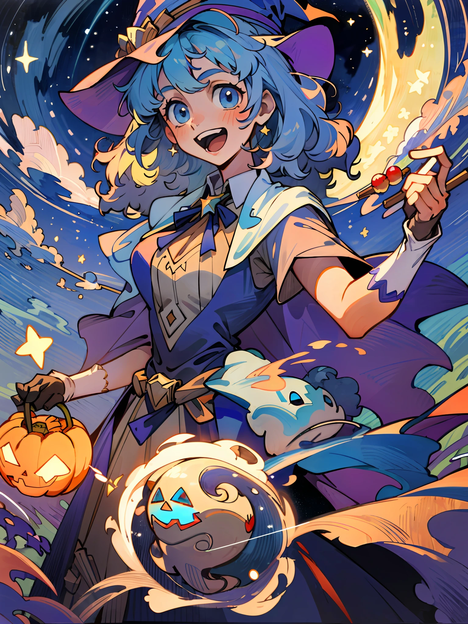 ((masterpiece:1.2, best quality)), 1girl, solo, (witch hat), a close up of a girl with curly hair, dress, aurora, night, star (sky), gloves, sky, dress, night sky, open mouth, starry sky, light blue eyes, ribbons, smile, cape, blue hair, magic, casting spell, night, (impressionism:1.4), alphonse mucha, Halloween colors, colorful candy, casting a spell, magical lights