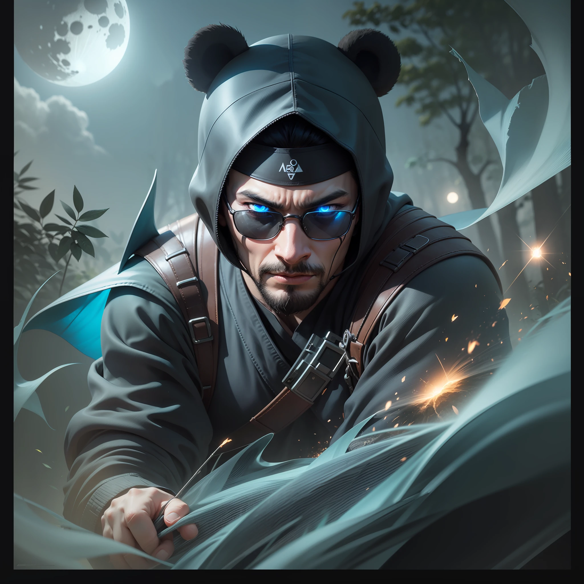 "Panda Ninja in sunglasses, 3D, with a bad and dark face, with electric rays and neon blues coming out of his body, in a mysterious setting and at night with the light of the moon, illuminating the forest. with stunning details and realistic effects. The camera is positioned at a dynamic angle, as if it were a film shot, giving a sense of action and suspense."