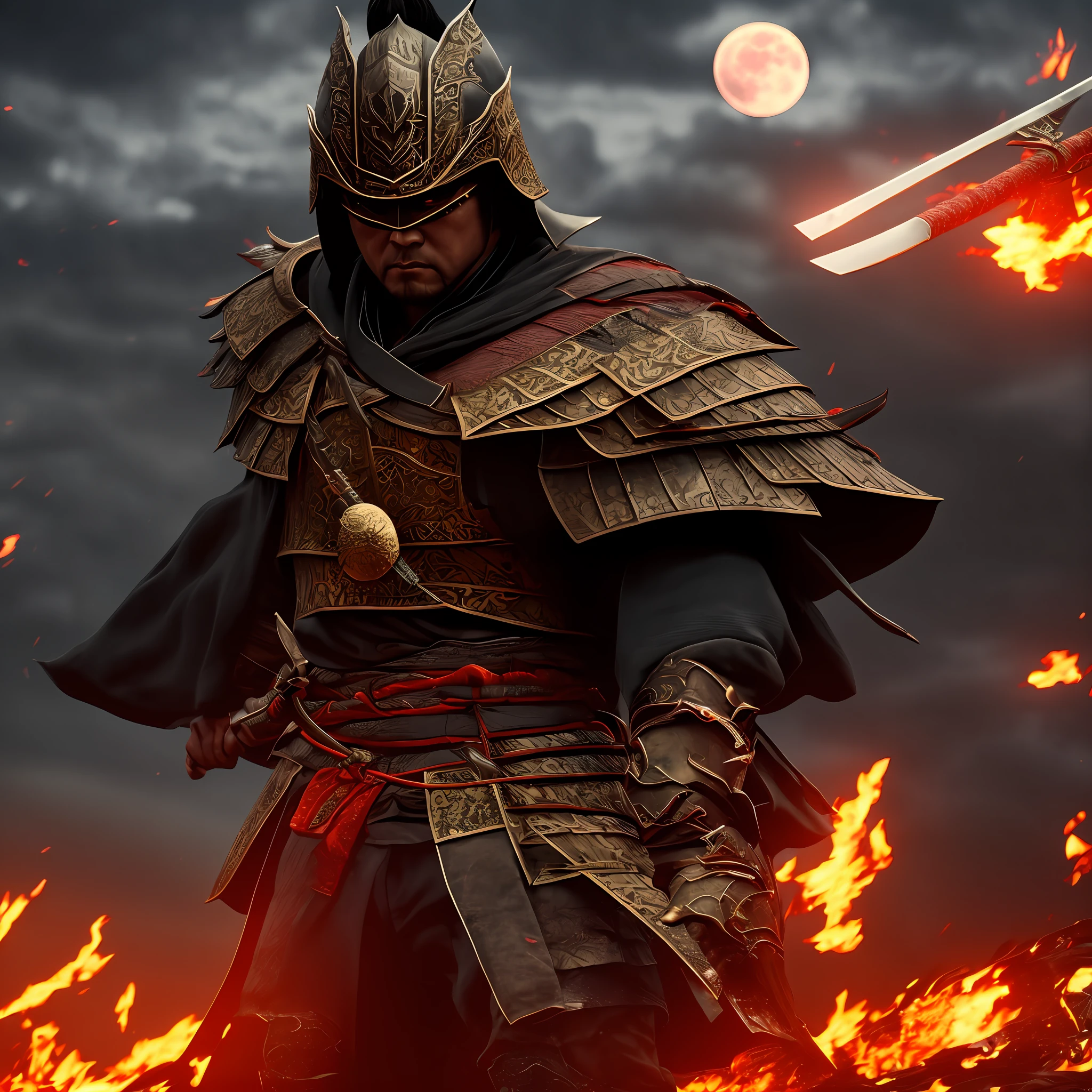 Samurai Boss red armor. 3 katanas, one red light katana. Red moon... dark night darkness cloud strong wind cinematic 4k --auto