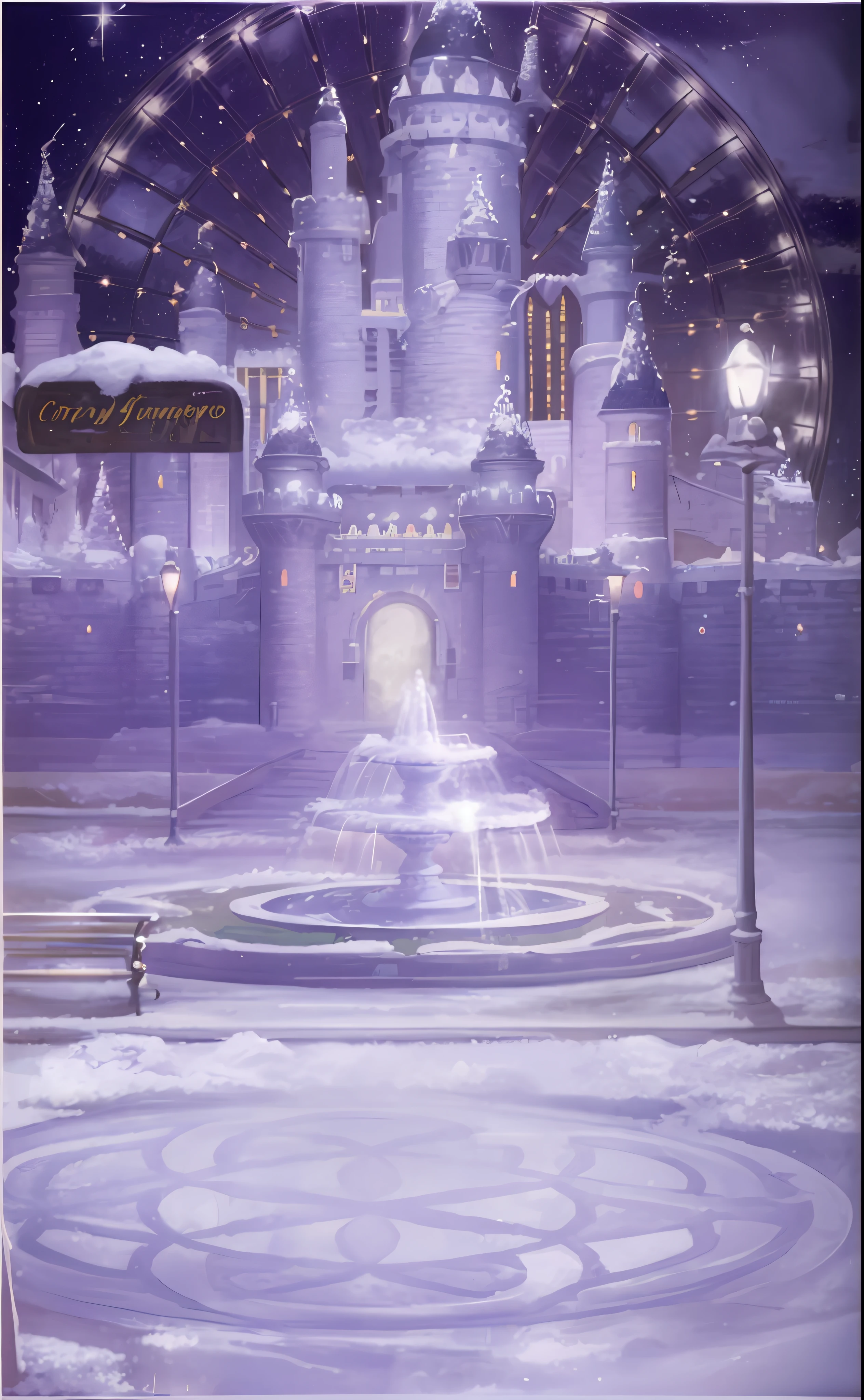 There is a painting of a castle with a fountain in the middle, aesthetic, fairy tale style, castle, pastel, palace, fantasy matte painting, cute, dreamy, artwork, concept art magical highlights, winter scene fantasy, winter concept art, kingdom of light background, inspired by Luigi Casimir, background is Disneyland castle, fairy tale artwork, vertical painting, natural light, delicate, sequins, sparkling, generate more details, anime style, anime, modern, futuristic, panorama, concept art, UHD, masterpiece, ccurate, super detail, high detail, high quality, high quality, high resolution,