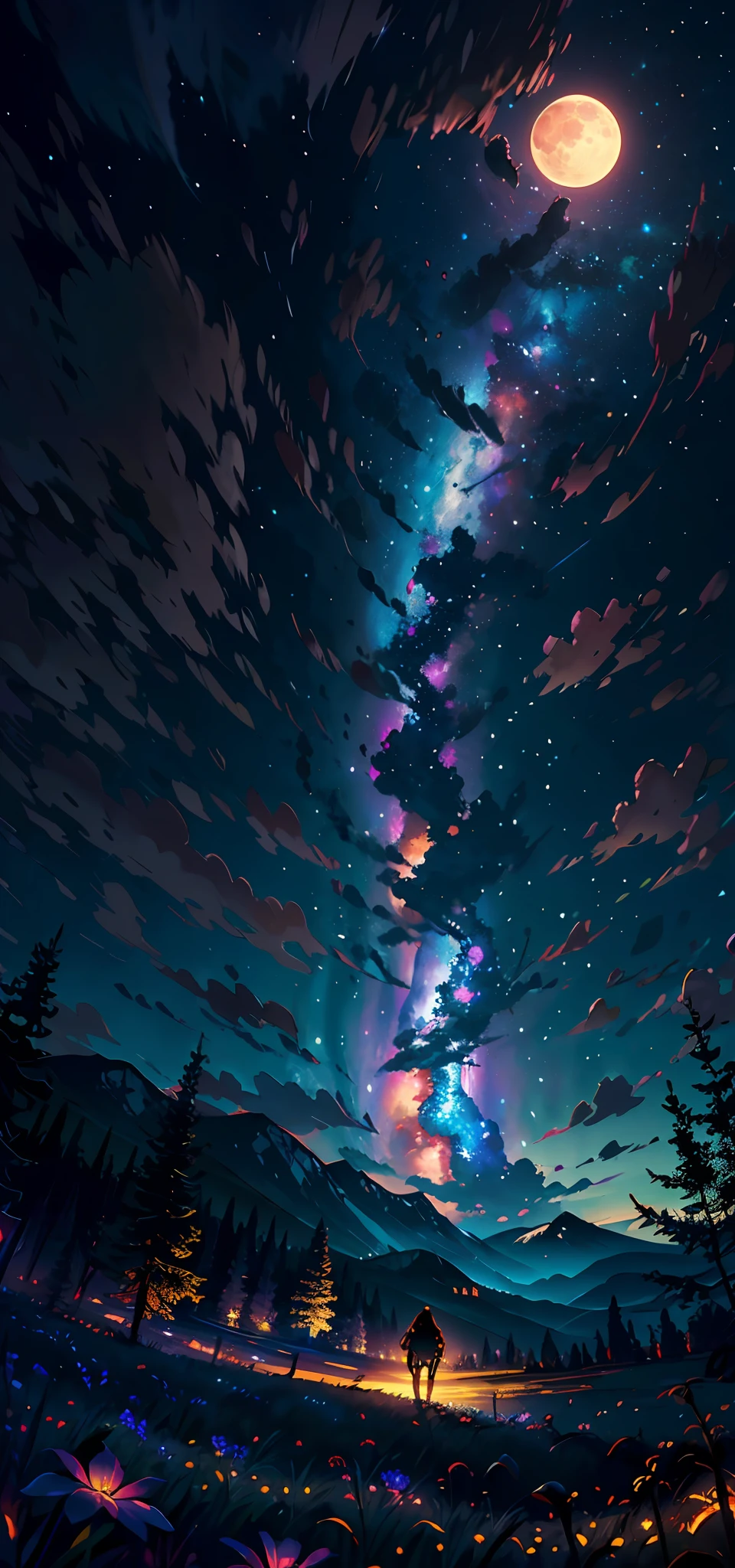 A wide landscape photo, (viewed from below, the sky is above, and the open field is below), a girl standing on a flower field looking up, (full moon: 1.2), (meteor: 0.9), (nebula: 1.3), distant mountains , Trees BREAK Crafting Art, (Warm Light: 1.2), (Firefly: 1.2), Lights, Lots of Purple and Orange, Intricate Details, Volumetric Lighting BREAK (Masterpiece: 1.2), (Best Quality), 4k, Ultra Detailed, (Dynamic Composition: 1.4), Rich in Detail and Color, (Rainbow Color: 1.2), (Glow, Atmospheric Lighting), Dreamy, Magical, (Solo: 1.2)