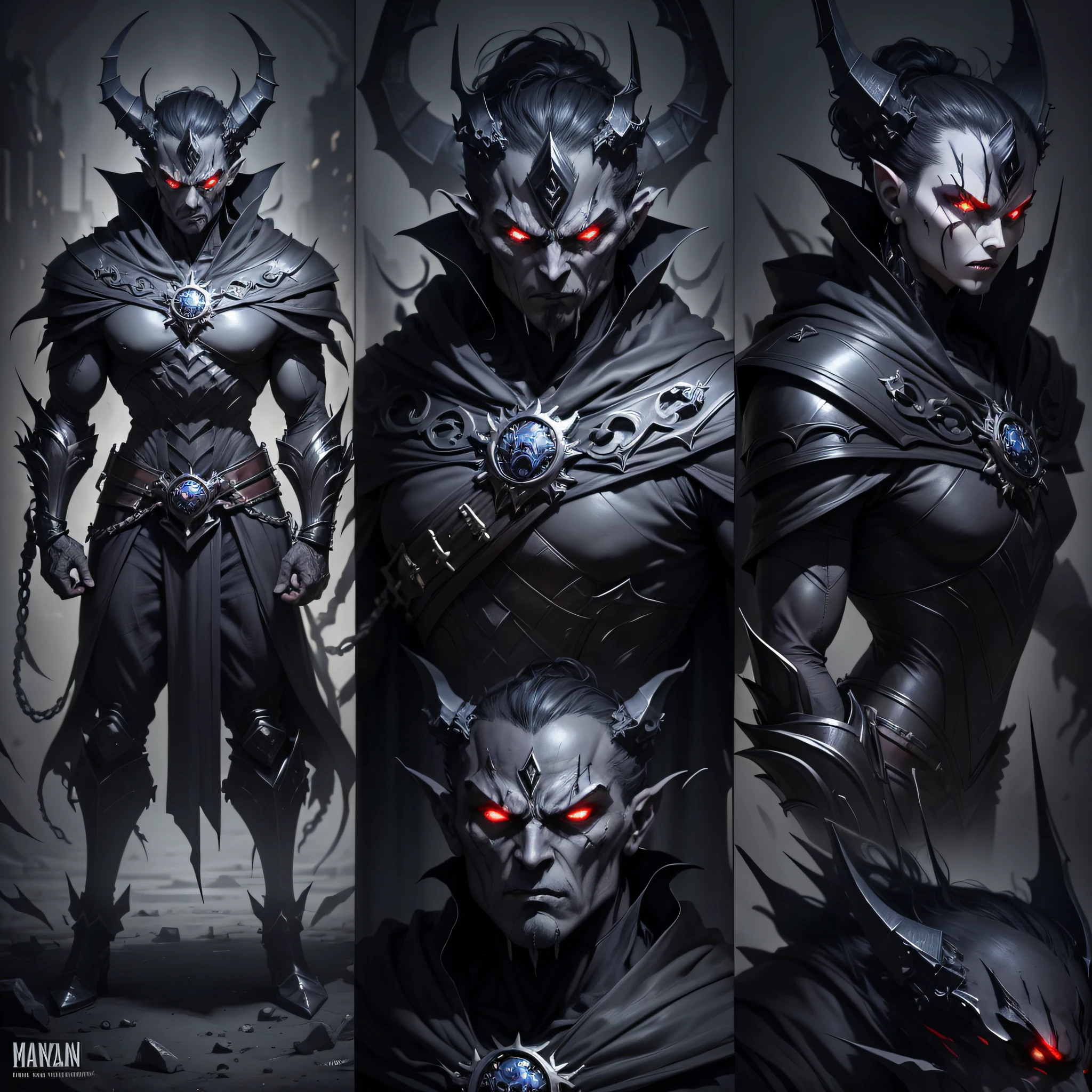 Dark joker man, sorting sharp teeth, red eyes black outfit, carrying 2 big sword on his back
