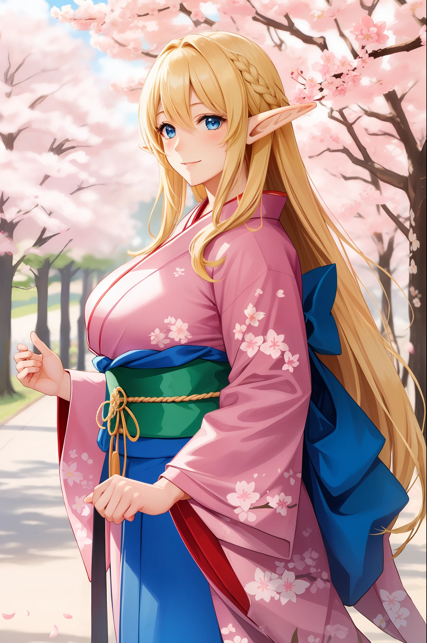 An elf with a large body, long straight yellowish hair, blue eyes, a friendly expression, dressed in a pink kimono, on a cherry blossoms background.