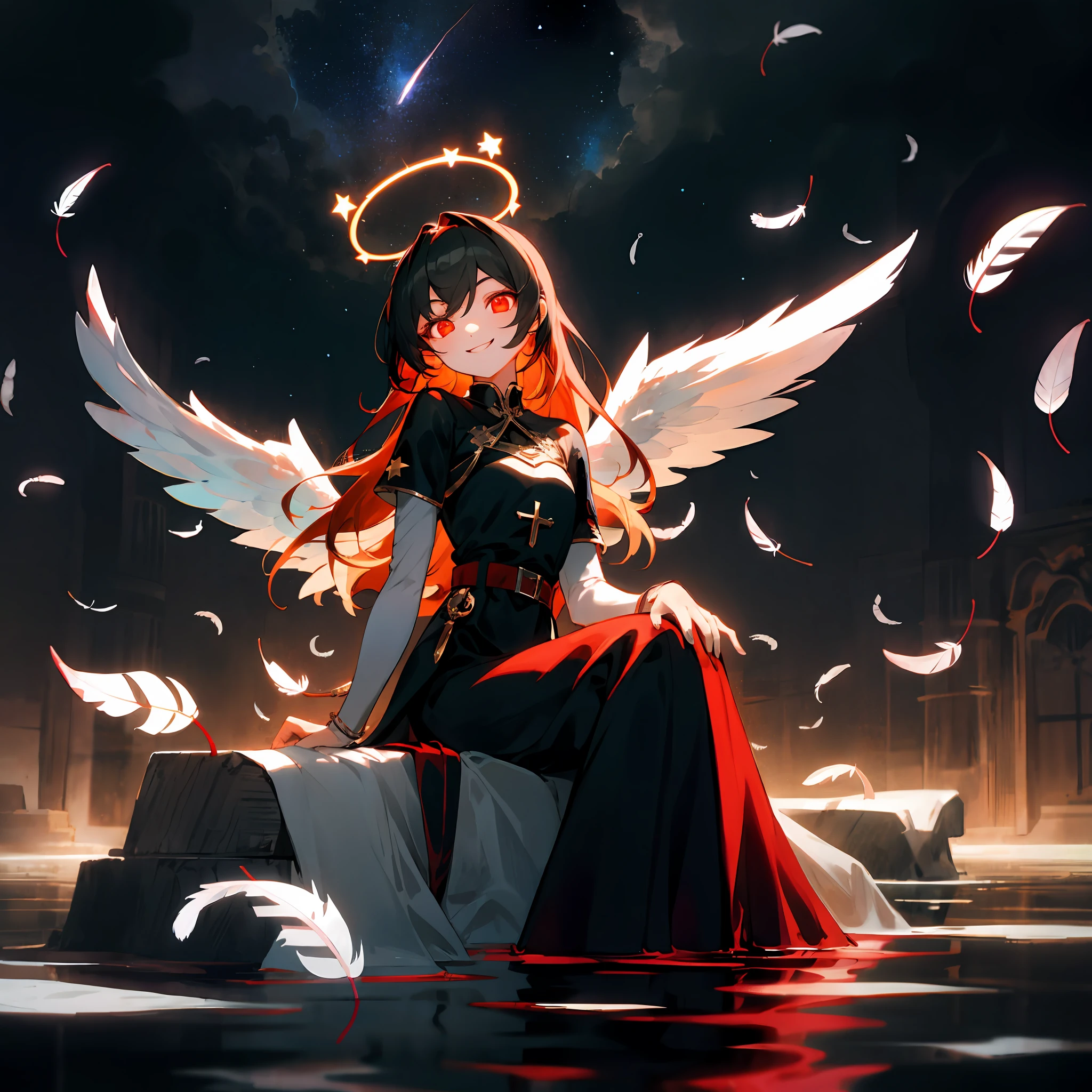 1girl, angel, cute,happy,gorgeos, sitting in a dark water, (red halo), glowing eyes, red eyes, angel wings, holy, black water,sensual, black tunic, feathers, confident, smile, expressive eyes, collofull eyes, contrast, shadows, masterpiece, digital art, cosmycal sky, stars,constalations, red stars,