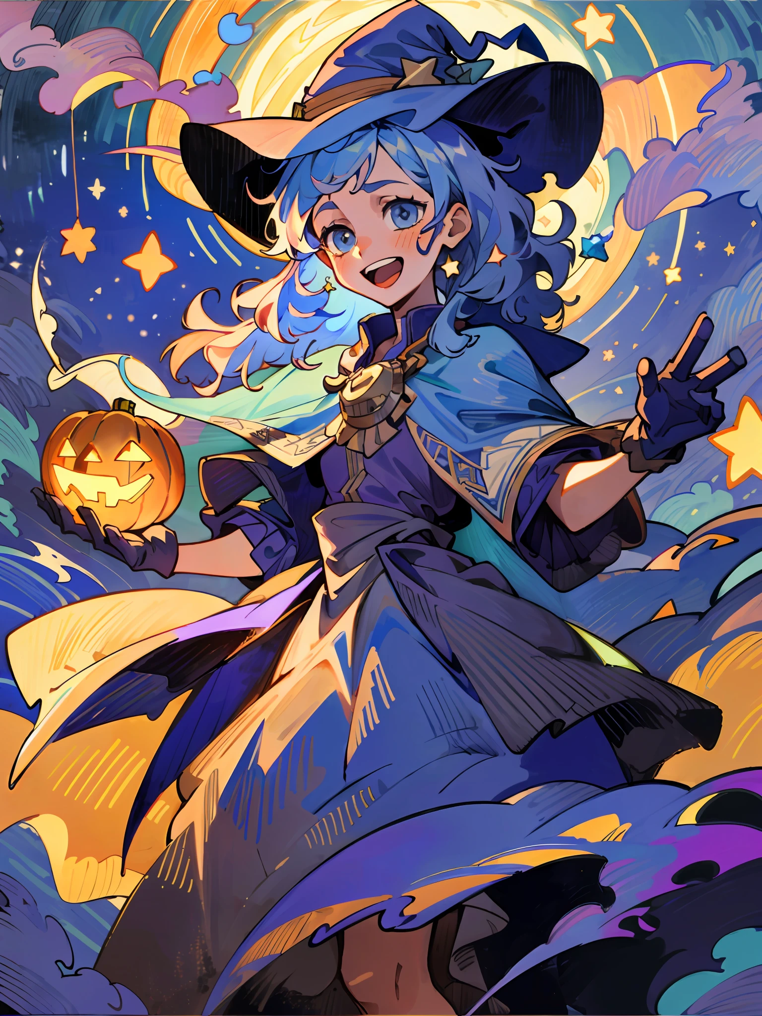 ((masterpiece:1.2, best quality)), 1girl, solo, (witch hat), a close up of a girl with curly hair, dress, aurora, night, star (sky), gloves, sky, dress, night sky, open mouth, starry sky, light blue eyes, ribbons, smile, cape, blue hair, magic, casting spell, night, (impressionism:1.4), alphonse mucha, Halloween colors, colorful candy, casting a spell, magical lights