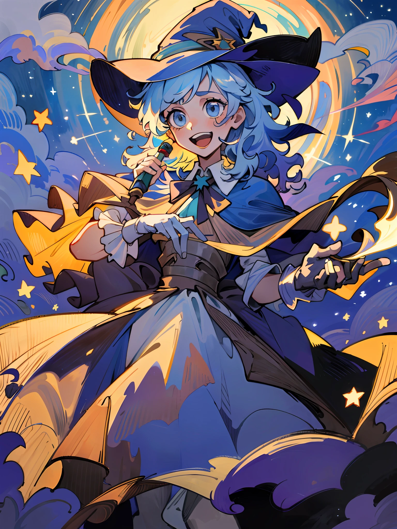 ((masterpiece:1.2, best quality)), 1girl, solo, (witch hat), a close up of a girl with curly hair, dress, aurora, night, star (sky), gloves, sky, dress, night sky, open mouth, starry sky, light blue eyes, ribbons, smile, cape, blue hair, magic, casting spell, night, (impressionism:1.4), alphonse mucha, Halloween colors, colorful candy, casting a spell, magical lights