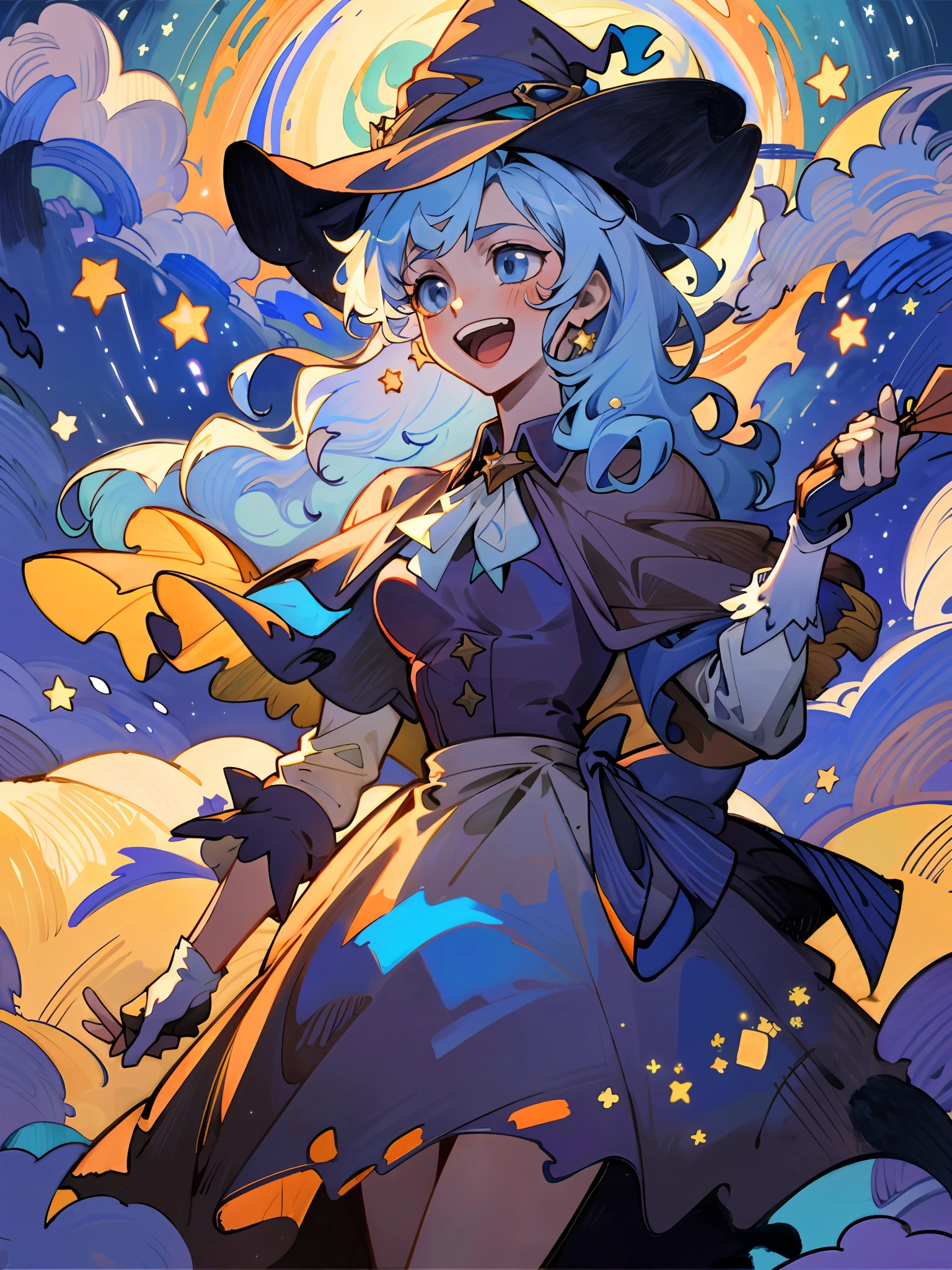 ((masterpiece:1.2, best quality)), 1girl, solo, (witch hat), a close up of a girl with curly hair, dress, aurora, night, star (sky), gloves, sky, dress, night sky, open mouth, starry sky, light blue eyes, ribbons, smile, cape, blue hair, magic, casting spell, night, (impressionism:1.4), alphonse mucha, Halloween colors, colorful candy, casting a spell, magical lights