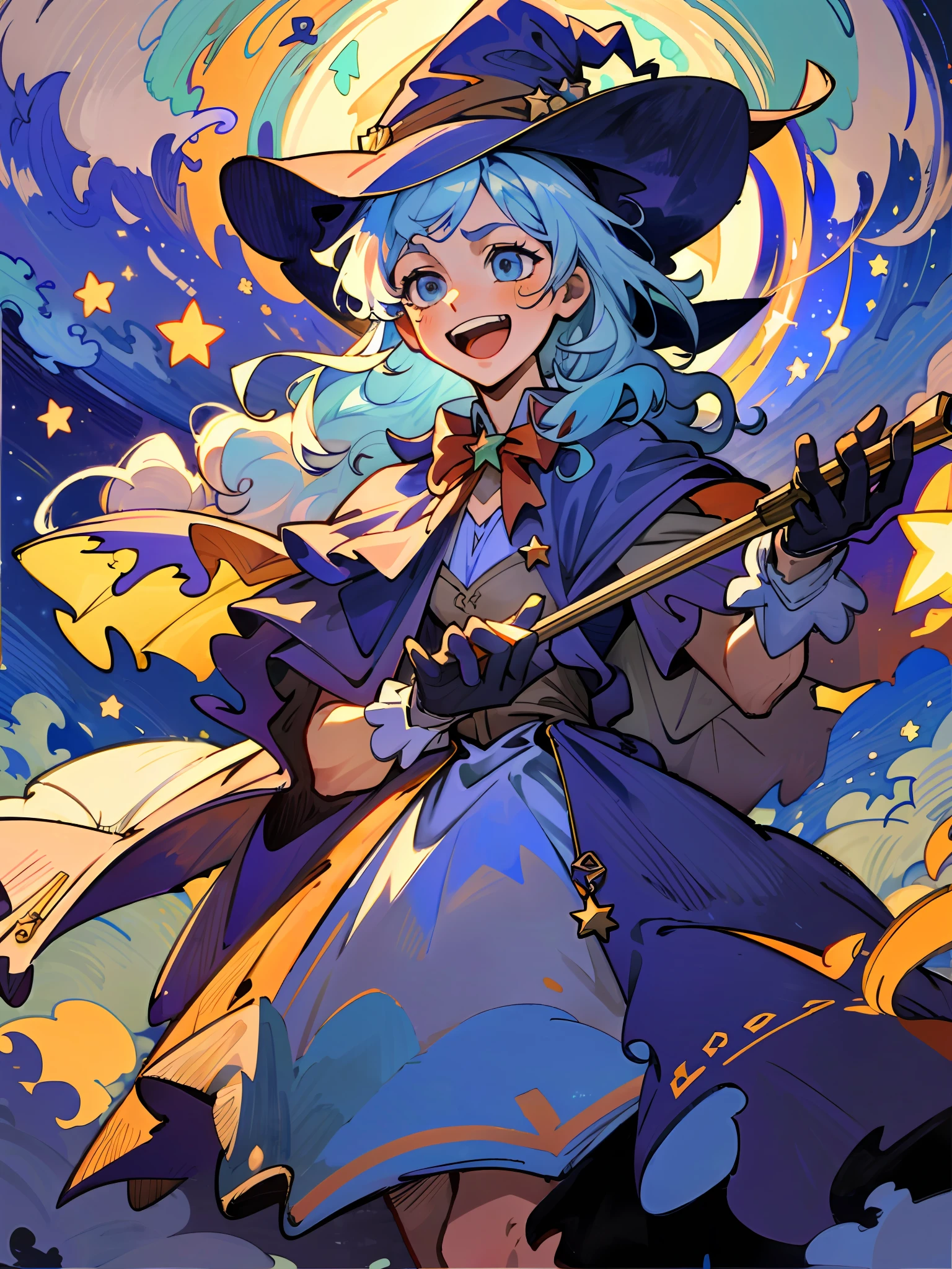 ((masterpiece:1.2, best quality)), 1girl, solo, (witch hat), a close up of a girl with curly hair, dress, aurora, night, star (sky), gloves, sky, dress, night sky, open mouth, starry sky, light blue eyes, ribbons, smile, cape, blue hair, magic, casting spell, night, (impressionism:1.4), alphonse mucha, Halloween colors, colorful candy, casting a spell, magical lights