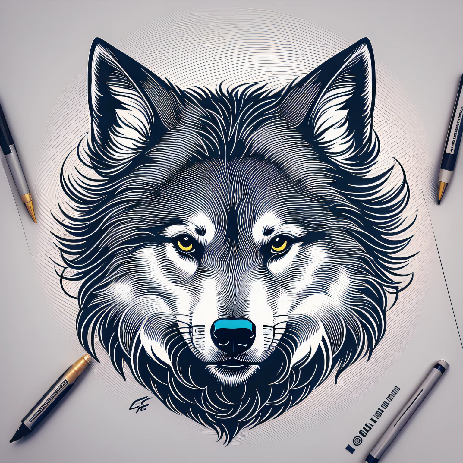 T-shirt logo, illustration of a wolf, using only black lines. Delimit the shapes and characteristics of the animal with carefully drawn lines, creating an elegant and stylized look. subtle details, finer and more precise lines. transparent background