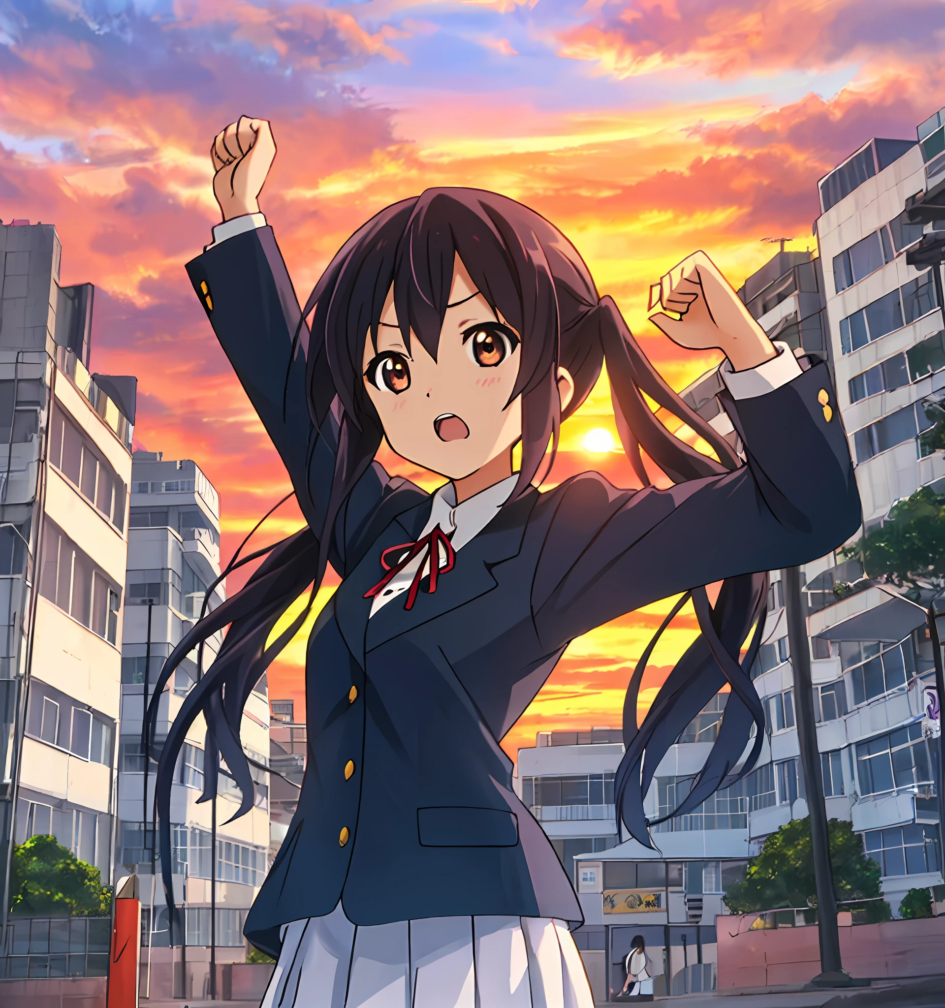 1girl, ((((Masterpiece))), Best Quality, Best Quality, High Detail, Azusa Nakano, 1girl, Sakuragaoka High School Uniform, Musical Instrument, School Uniform, Twin Tails, Long Hair, Black Hair, Brown Eyes, Solo, Red, Dark blue blazer with a thin ribbon of red, Solid white button shirt under blazer, Illustration, Cartoon, Soothing tones, Muted colors, Soft cinematic light, Adobe Lightroom, Photo Lab, HDR, complex and highly detailed, (((depth of field))))). (((Masterpiece))). (((highest quality))).) ((super detail))). (((Illustration))). (((fighting stance))).,((((Gigantic))).dynamic focus. (((skyscrapers))). (((Cityscape))). (((Despair Face))). open mouth. (((Sunset))). (((Sunset))). (((clench fists))). (((Proud))). (((small breasts))). (((Raise arms))). (((One arm is bent))).