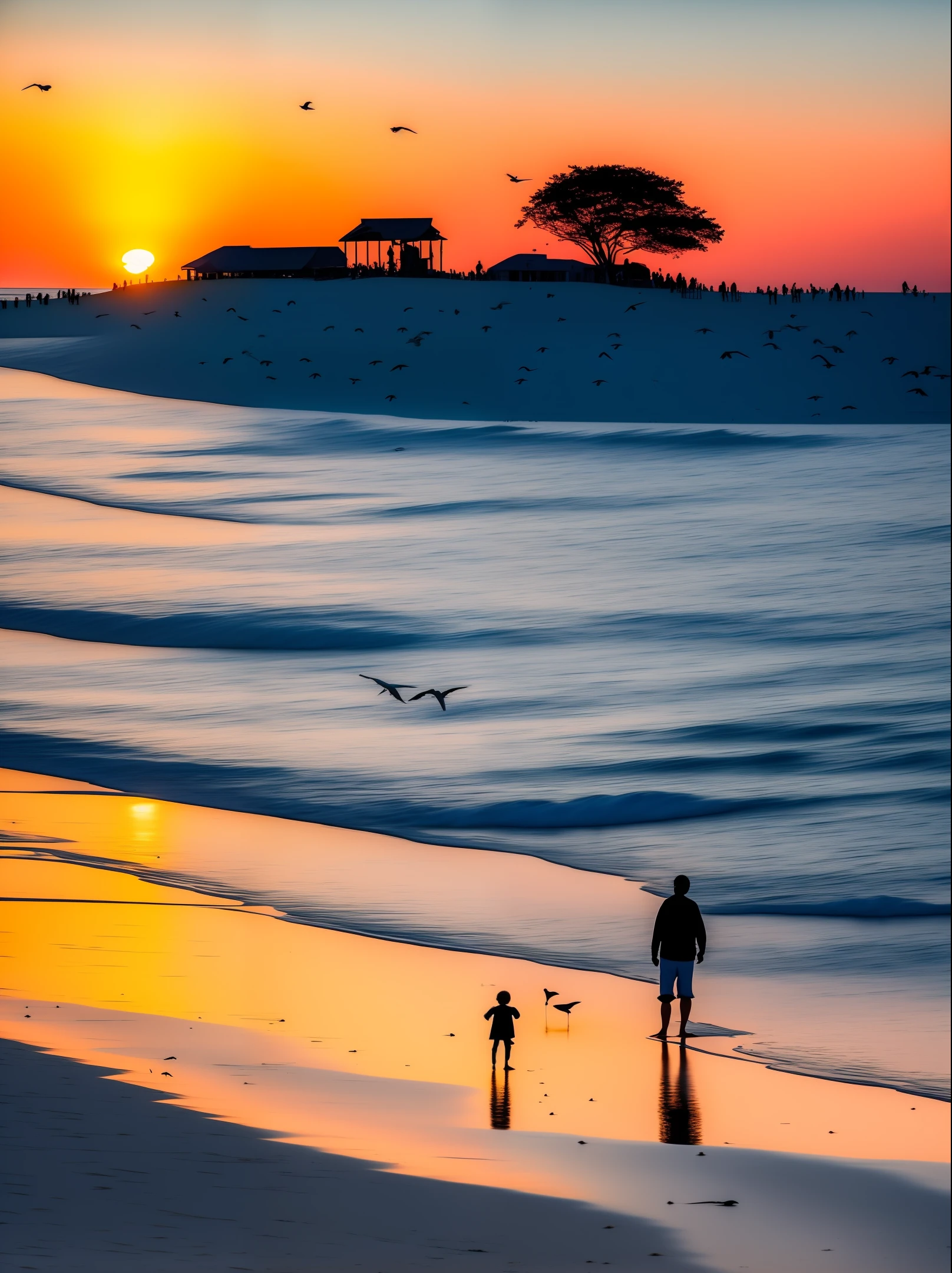 An absolutely mesmerizing sunset on the beach, with orange, pink, white boats and yellow filling the sky. The water is crystal clear, gently kissing the shore, and the white sand beach stretches as far as the eye can see. The scene is dynamic and breathtaking, with seagulls soaring high in the sky and palm trees gently swaying. Immerse yourself in the tranquility and let the tranquility surround you. The family strolls on the sunny beach