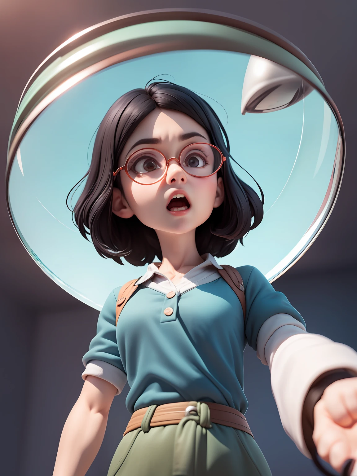 Angle seen from below, waist down, masterpiece,man in his 40s, black hair, best quality, Pixar style, parent man ((upper body front, bust shot)), absurd expression, magnifying glass in hand, surprised expression, korean, ((masterpiece, highest quality)), (composite lighting) , looking at the viewer, from below